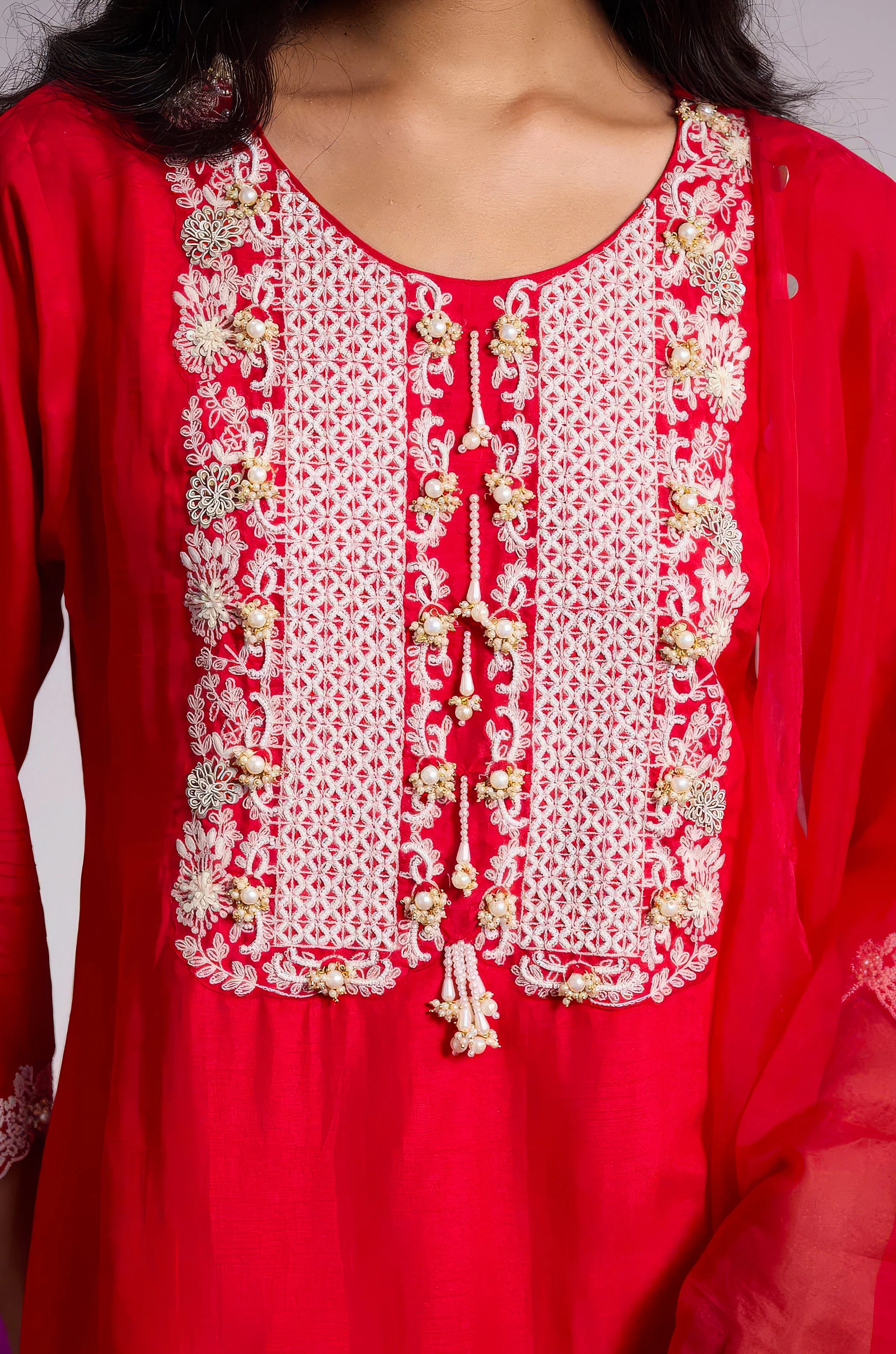 Ruby Red Embellished Raw Silk Sharara Set - Image 2