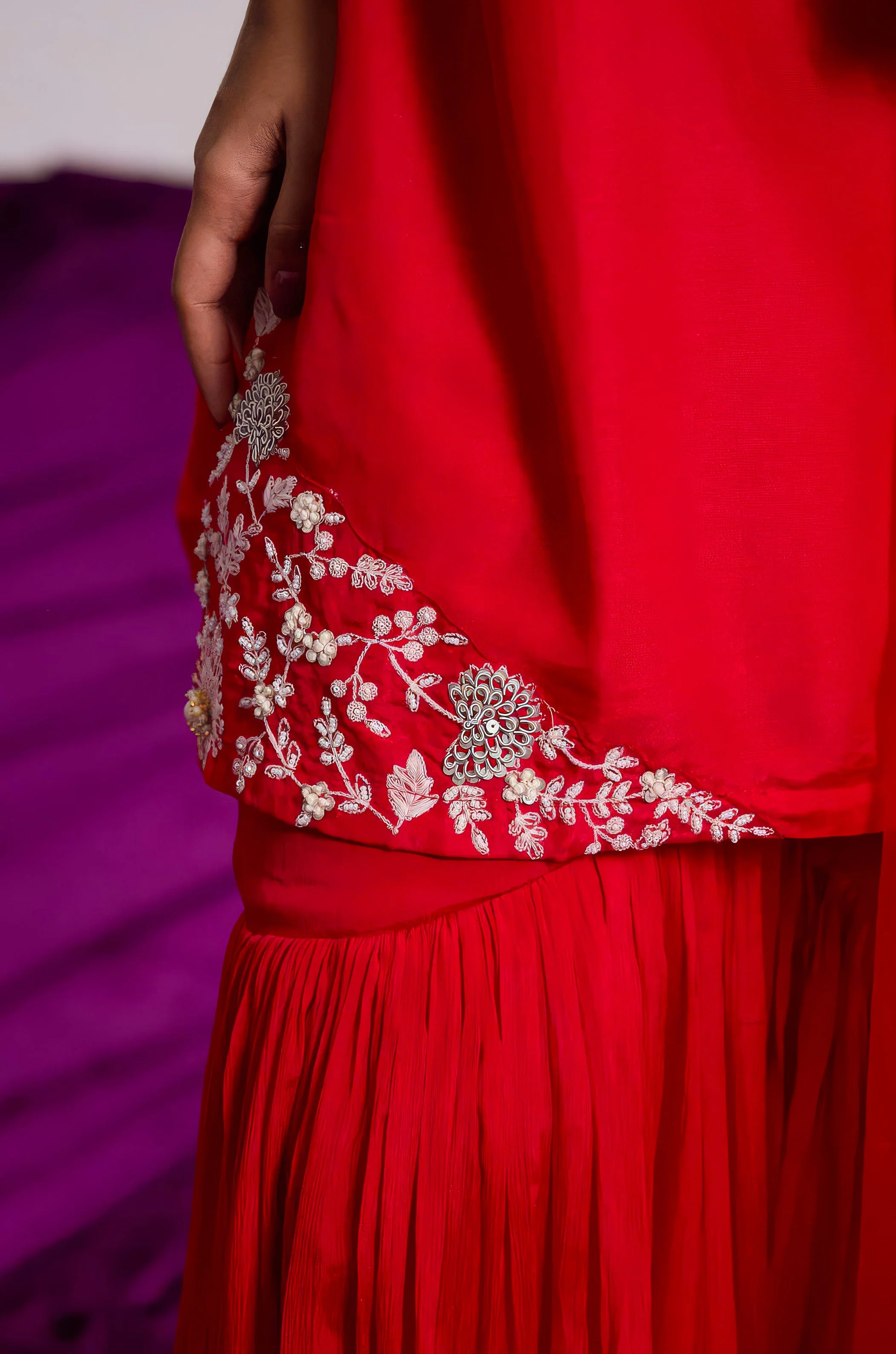 Ruby Red Embellished Raw Silk Sharara Set - Image 3