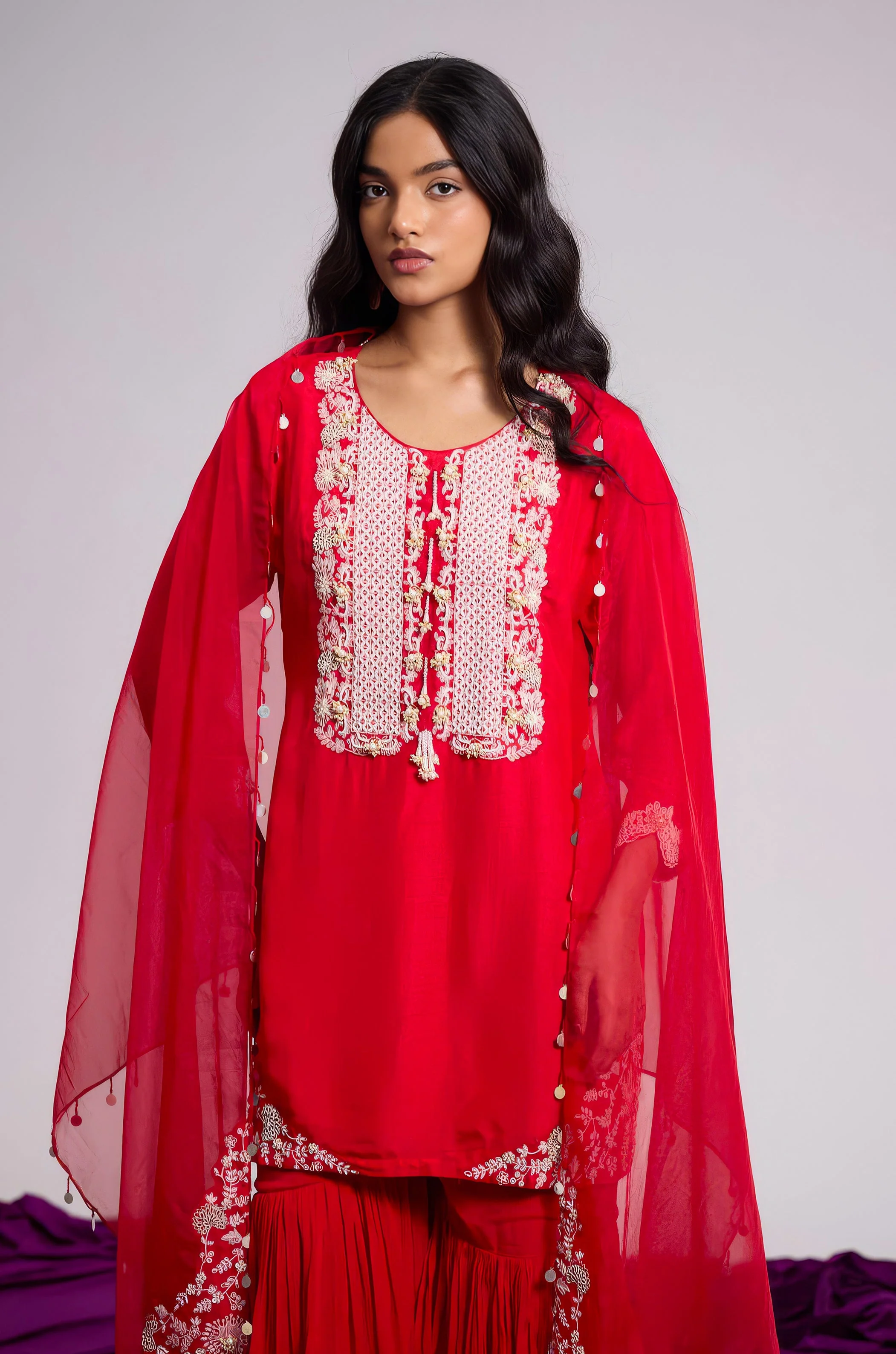 Ruby Red Embellished Raw Silk Sharara Set - Image 4