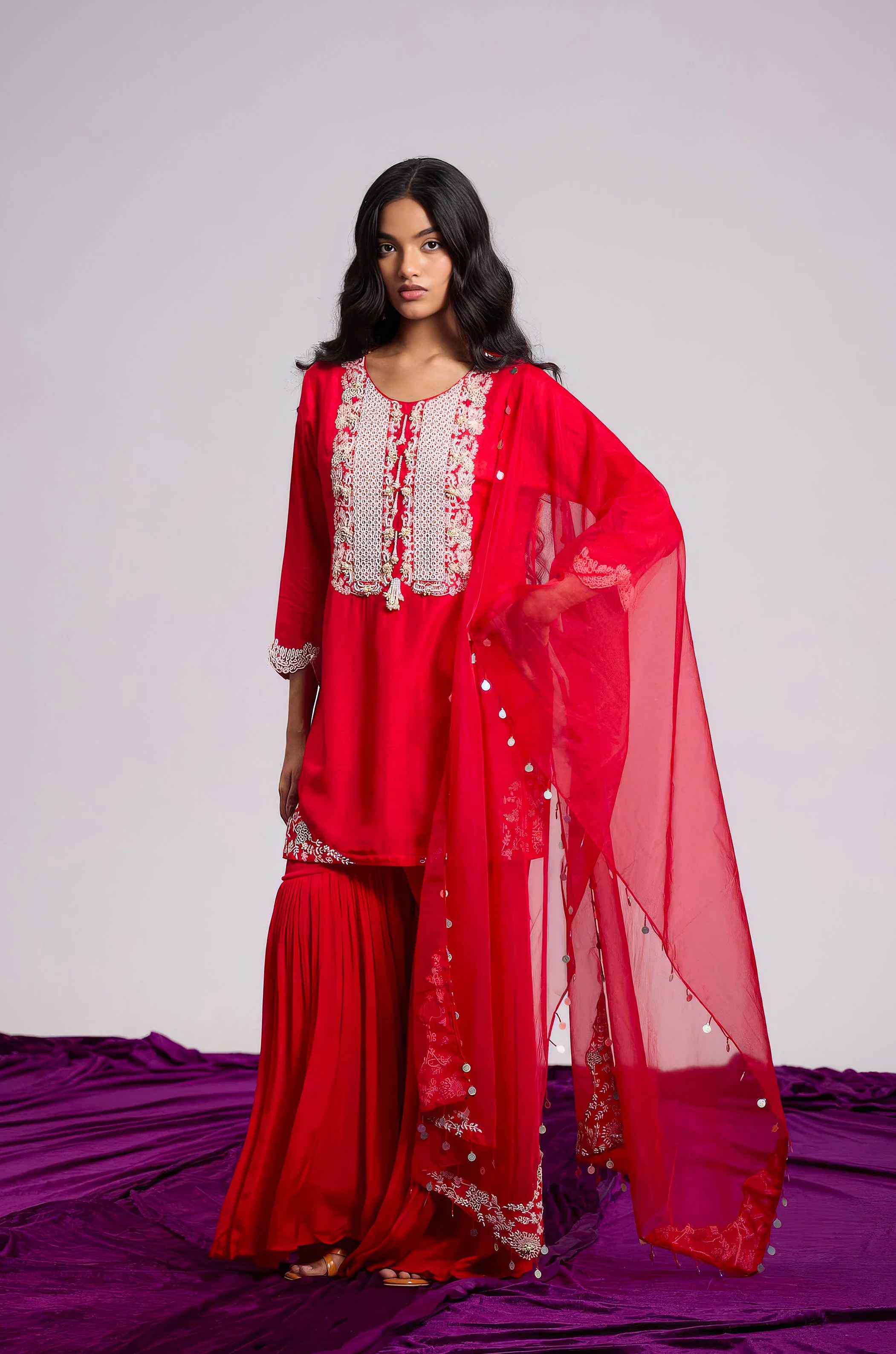 Ruby Red Embellished Raw Silk Sharara Set - Image 5