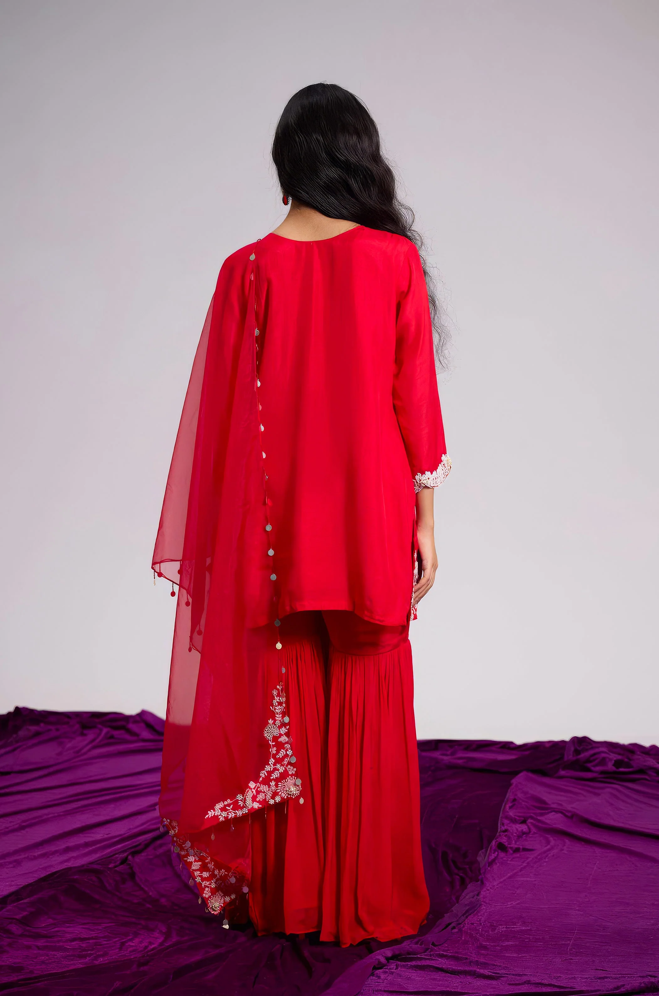 Ruby Red Embellished Raw Silk Sharara Set - Image 6