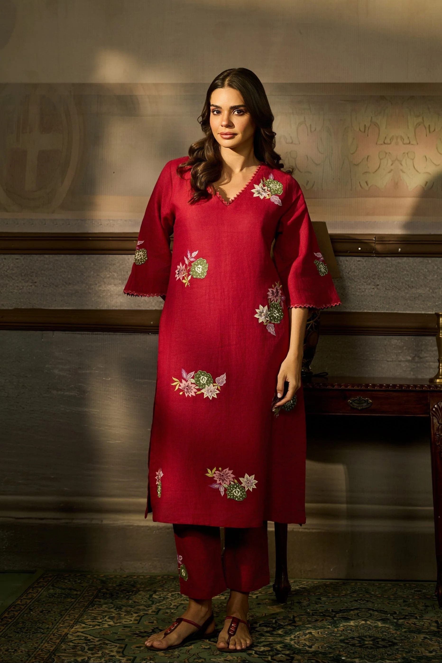 Ruby Red Embroidered Linen Kurta Set