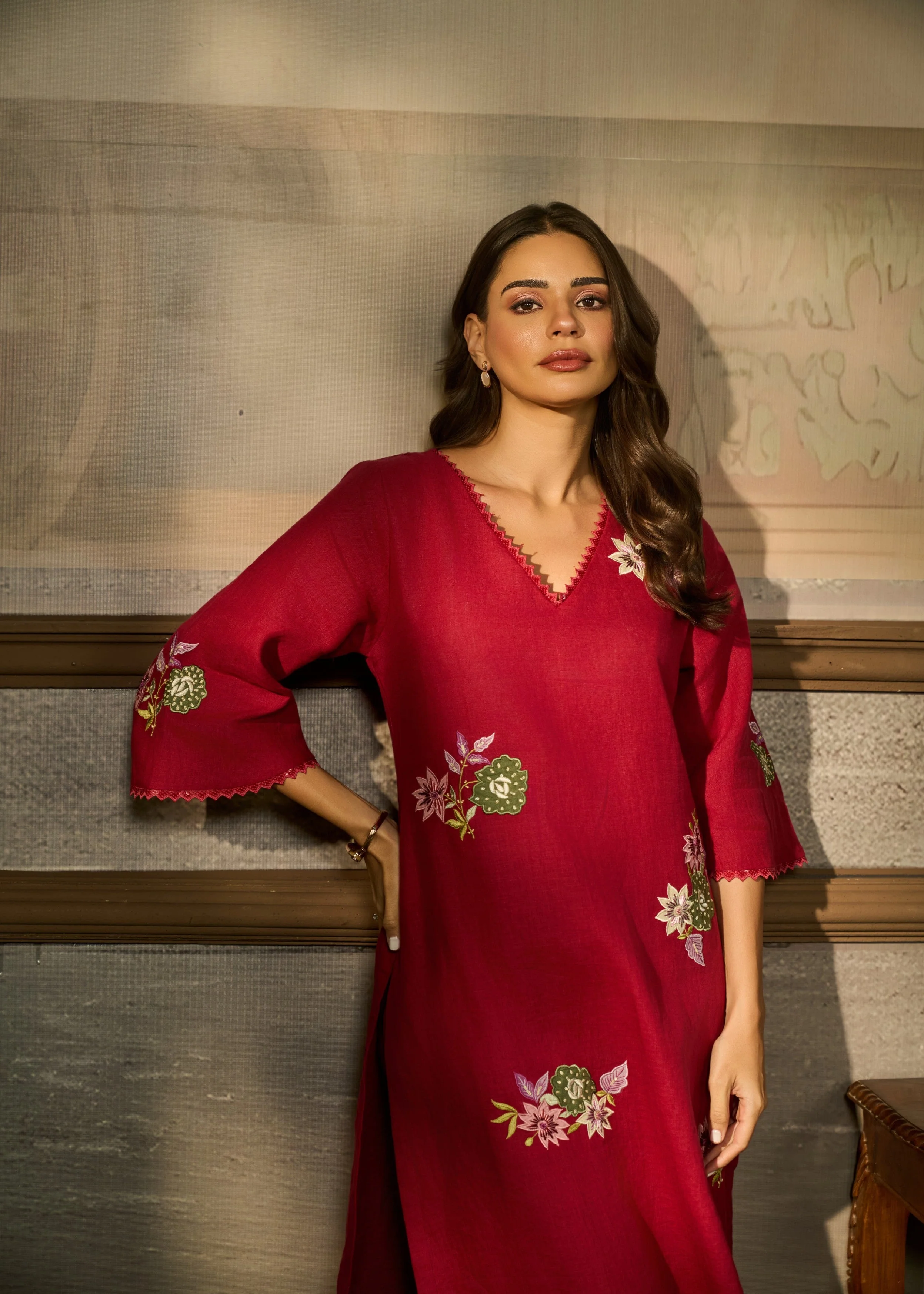 Ruby Red Embroidered Linen Kurta Set - Image 2
