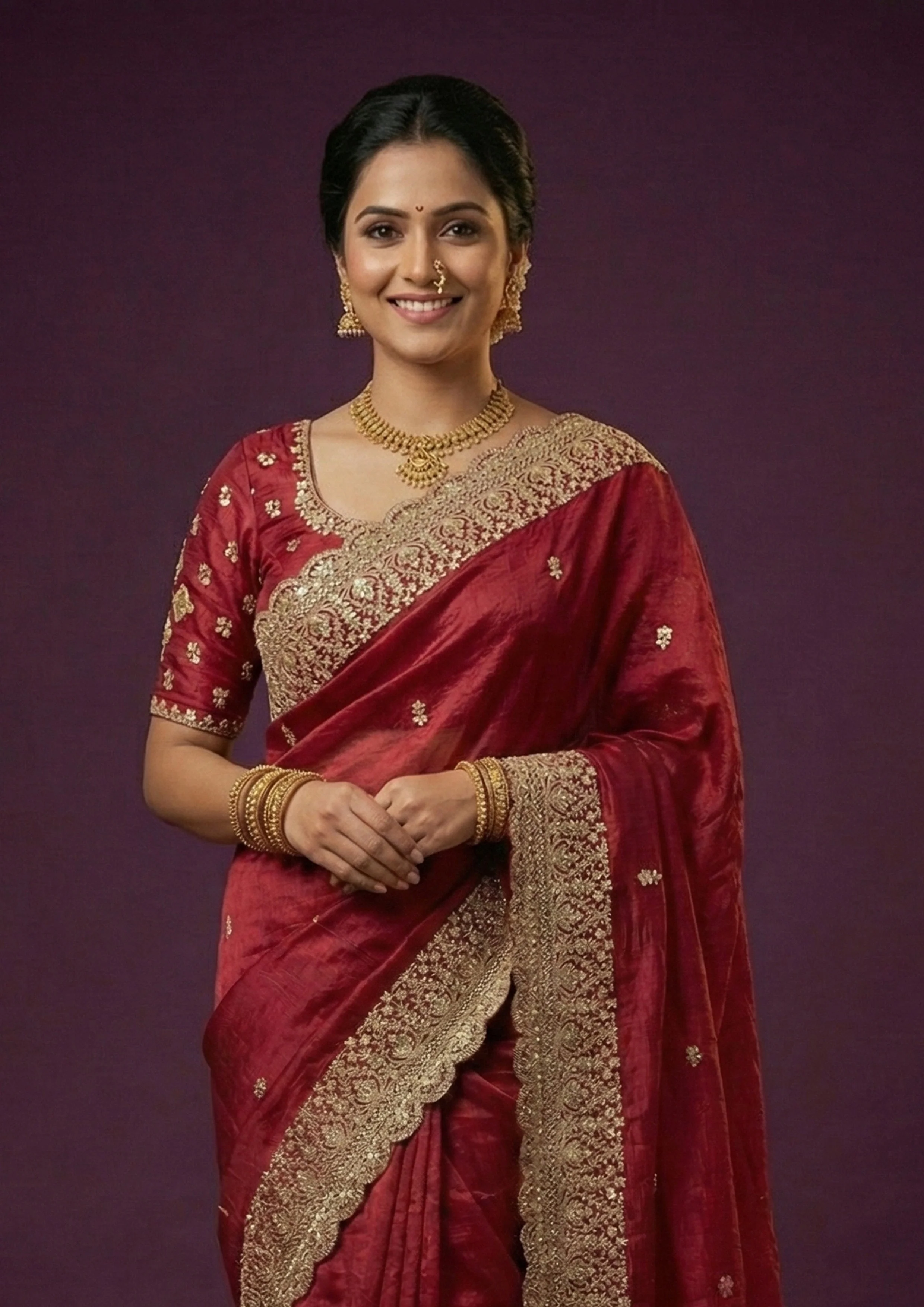Ruby Red Embroidered Satin Silk Saree - Image 2