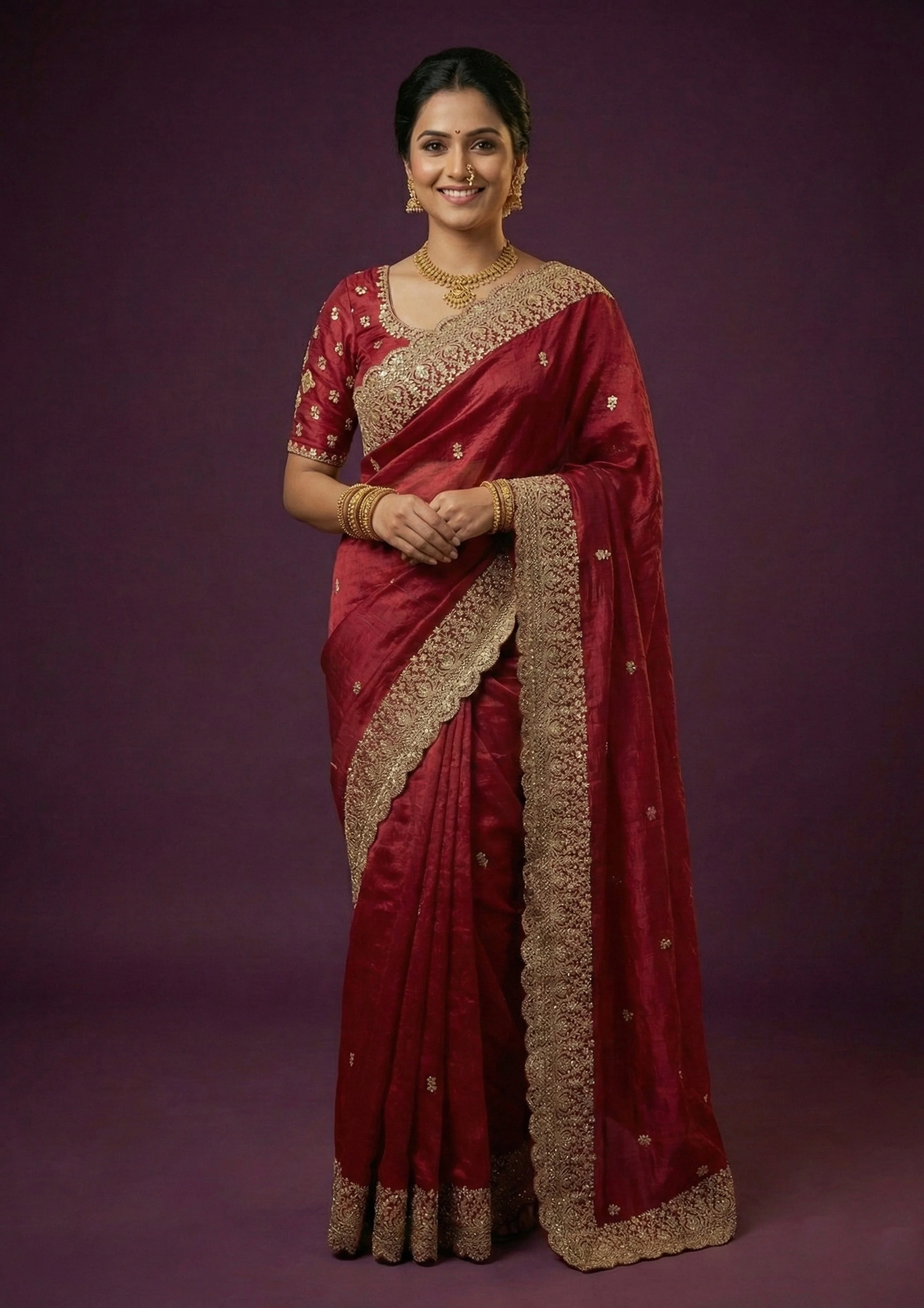 Ruby Red Embroidered Satin Silk Saree - Image 3