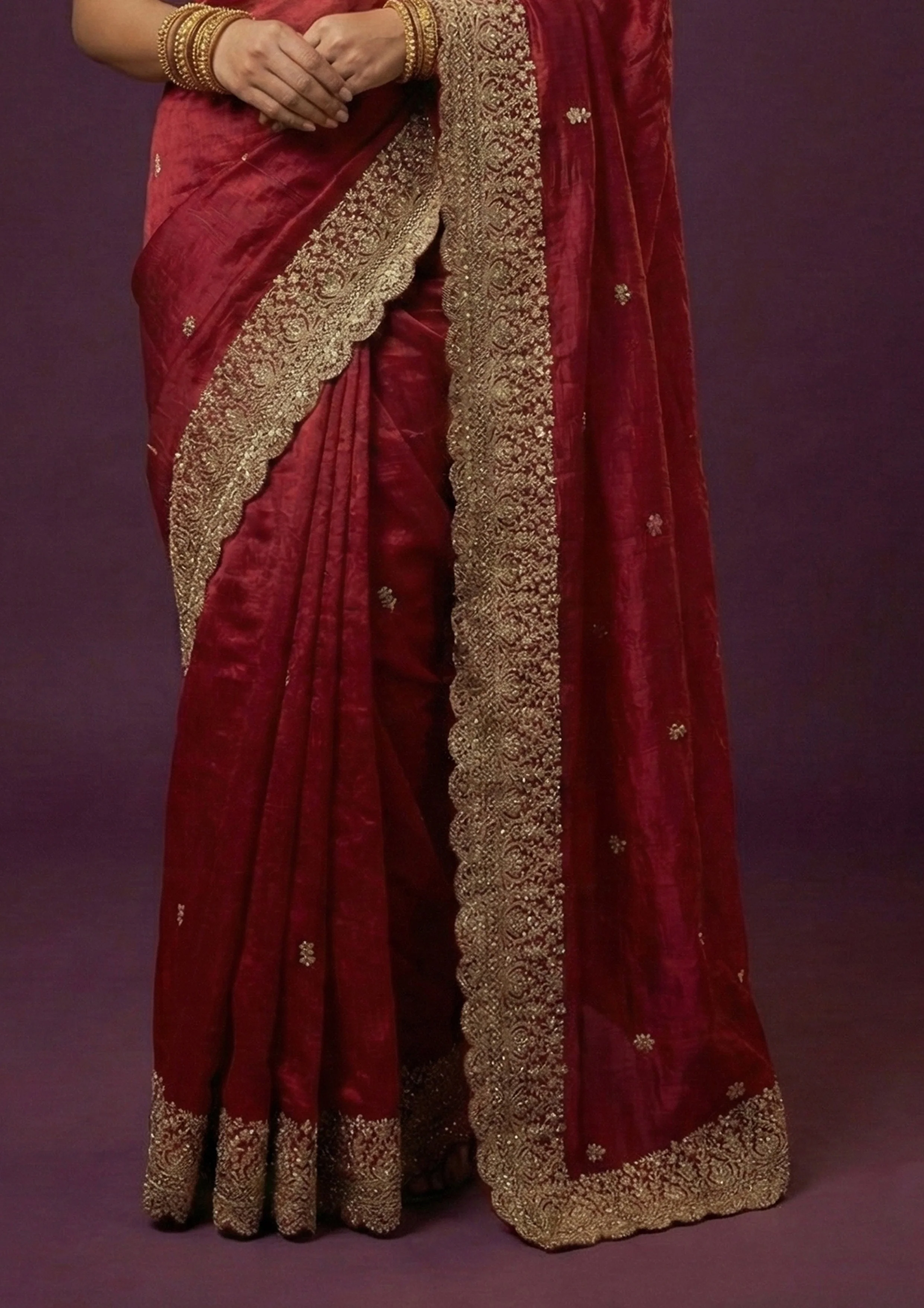 Ruby Red Embroidered Satin Silk Saree - Image 4