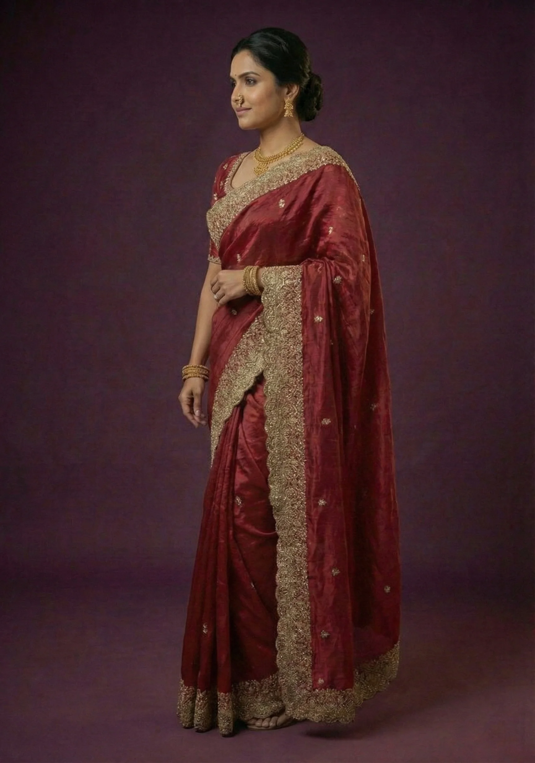 Ruby Red Embroidered Satin Silk Saree - Image 5