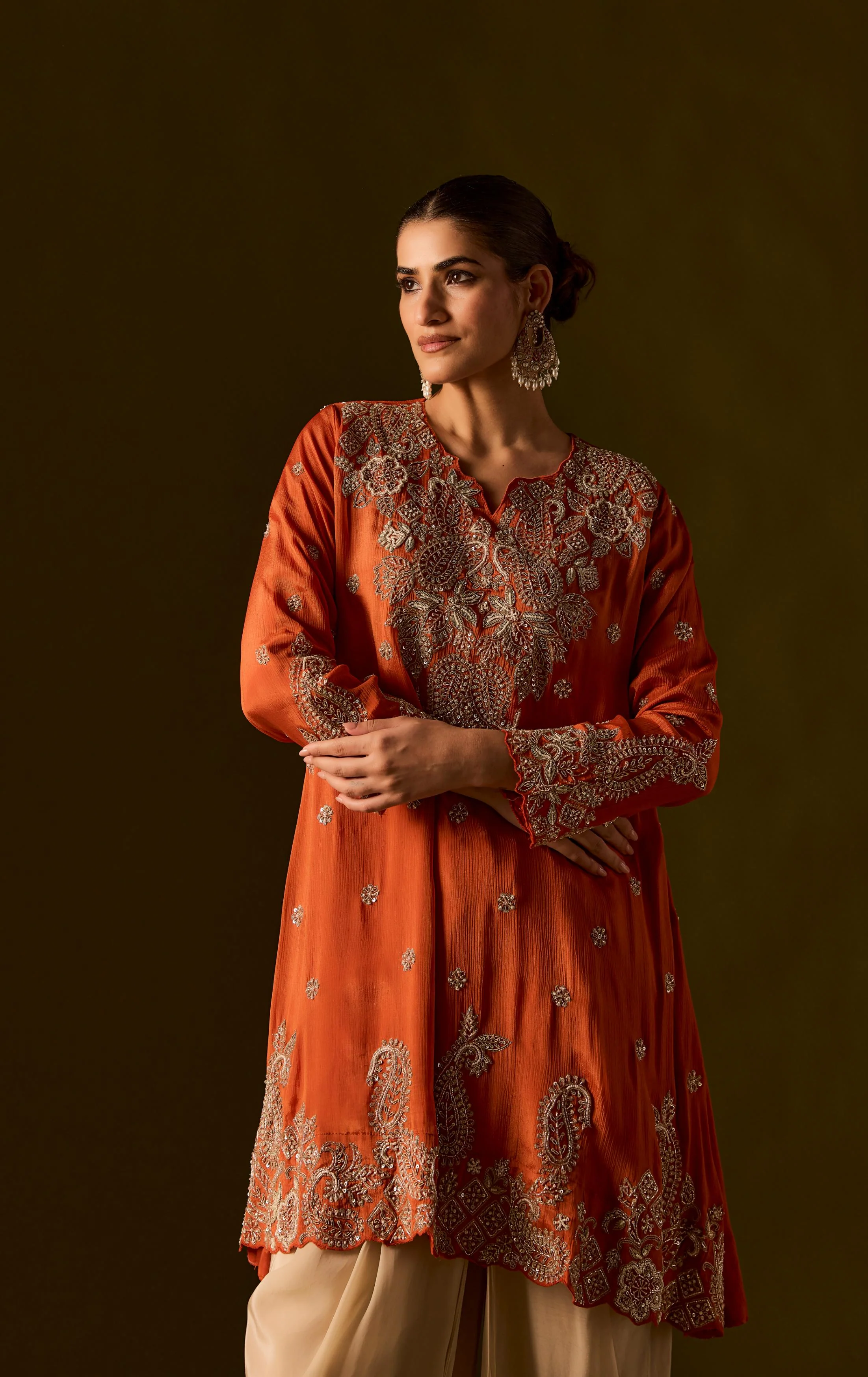 Rust Embellished Chinon Silk Dhoti Set - Image 3