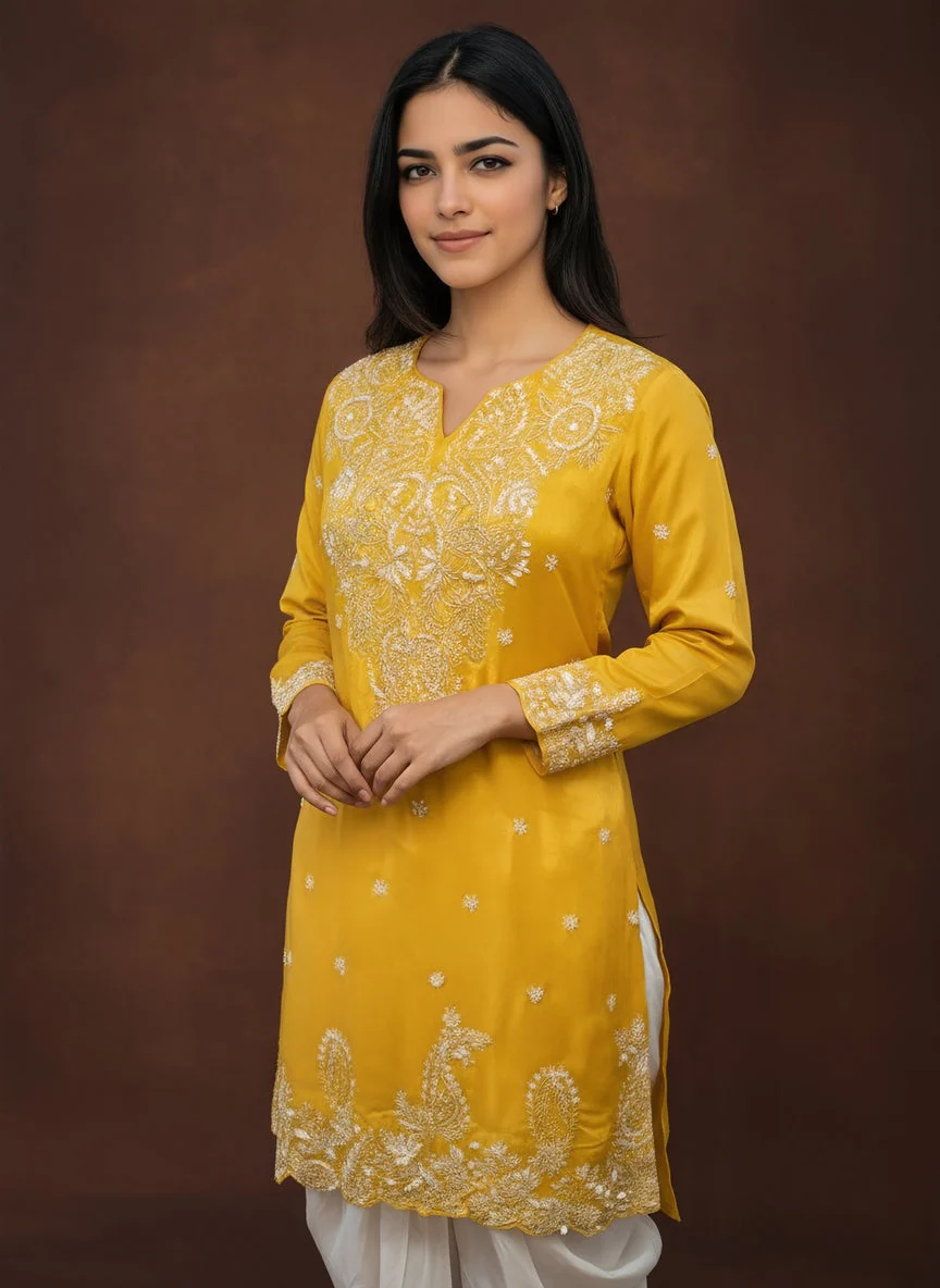 Saffron Yellow Embellished Chinon Silk Dhoti Set - Image 2