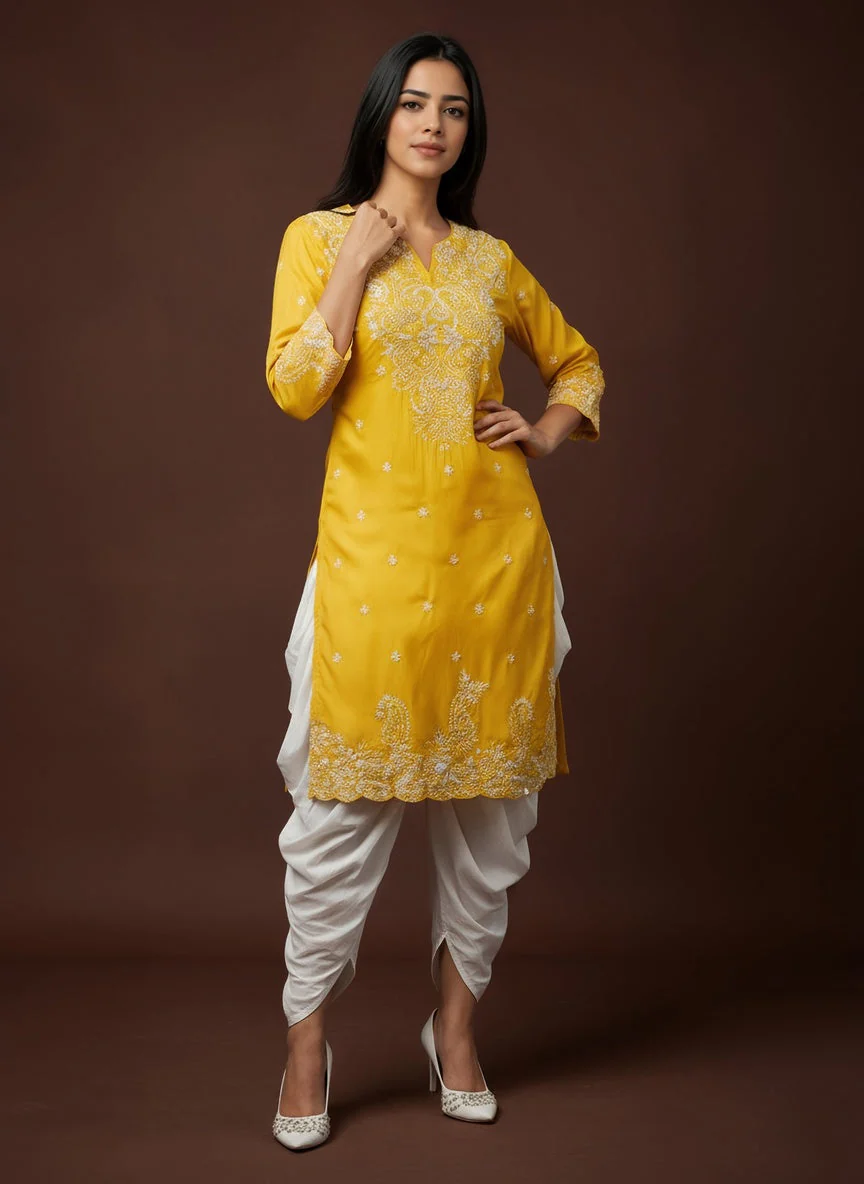 Saffron Yellow Embellished Chinon Silk Dhoti Set - Image 3