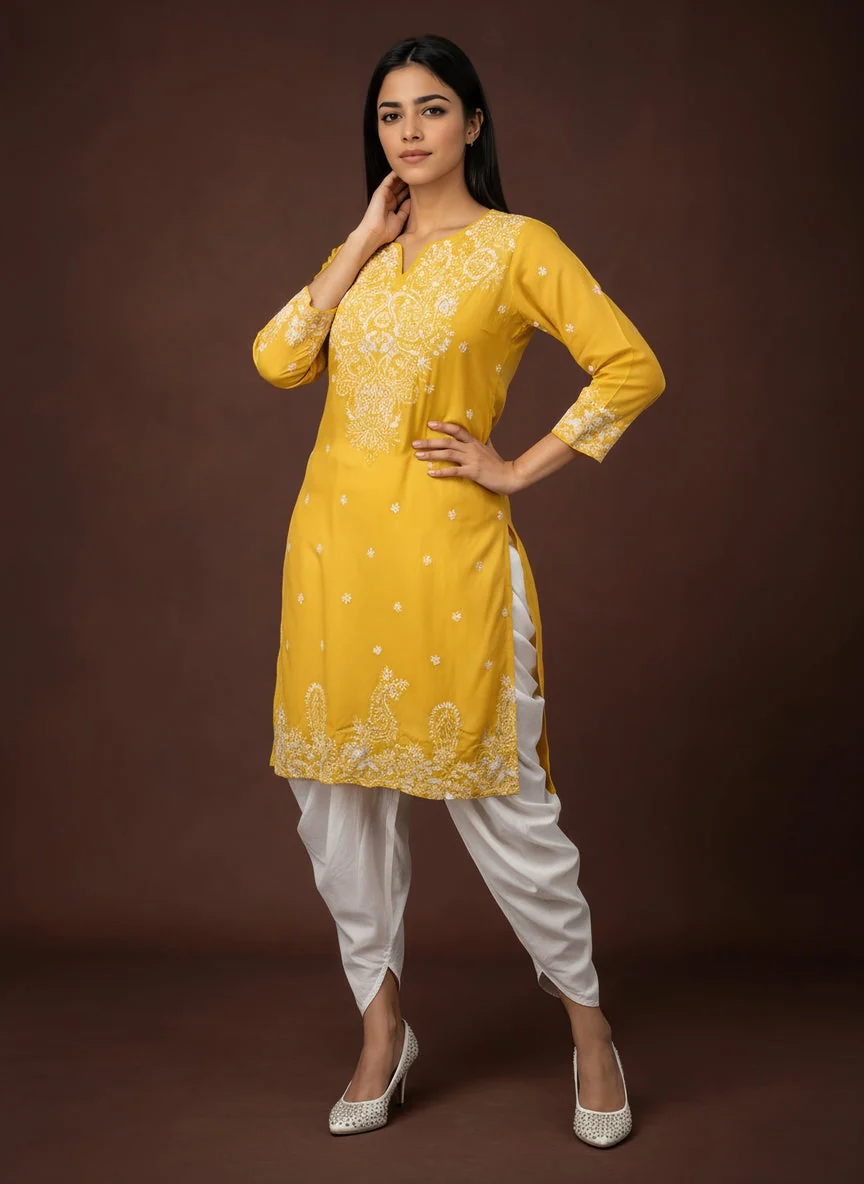 Saffron Yellow Embellished Chinon Silk Dhoti Set - Image 4