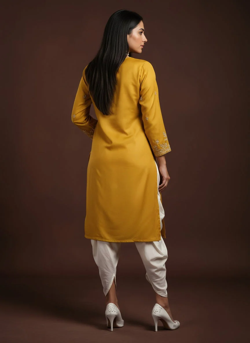 Saffron Yellow Embellished Chinon Silk Dhoti Set - Image 5