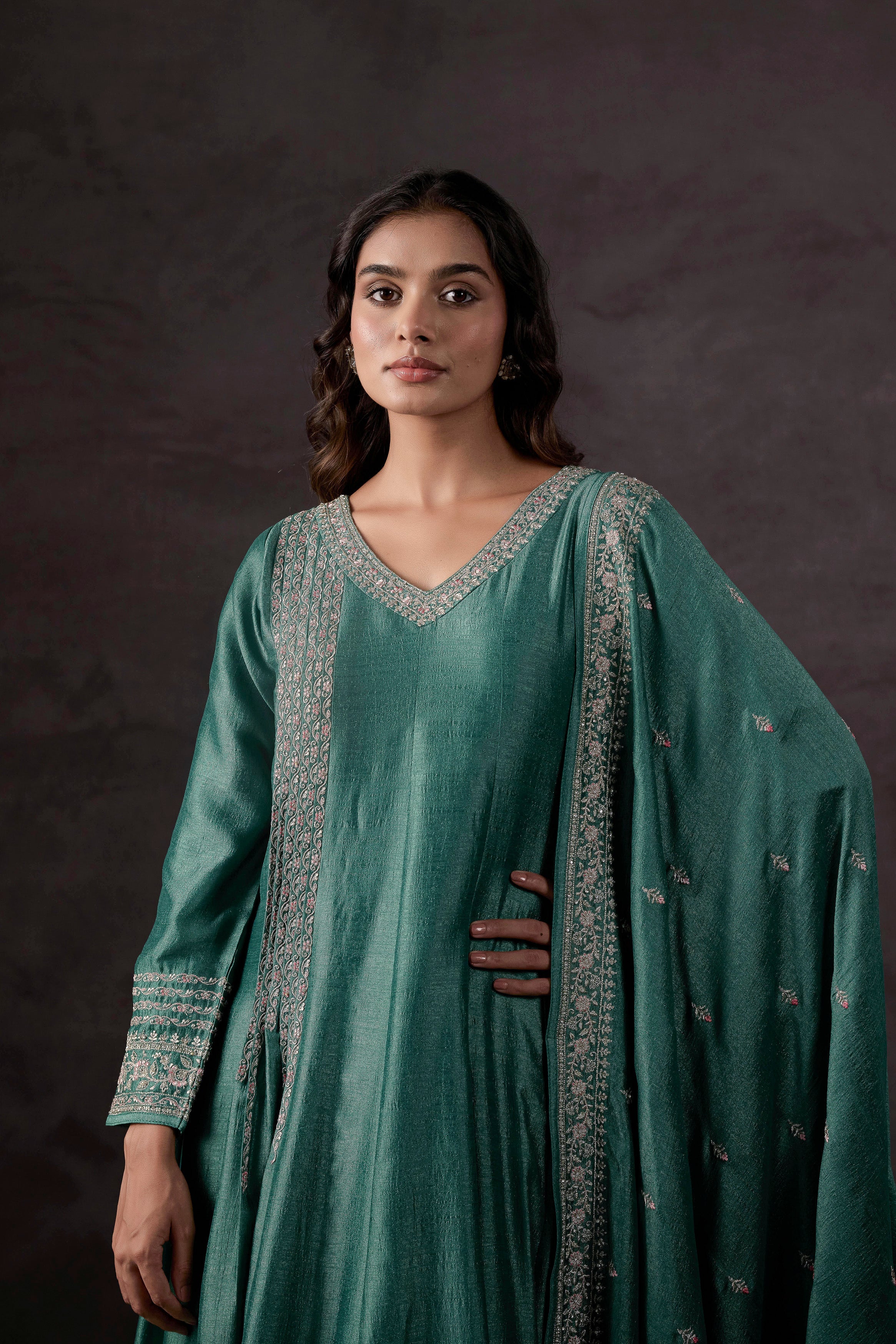 Light Green Embellished Raw Silk Anarkali Set - Image 3