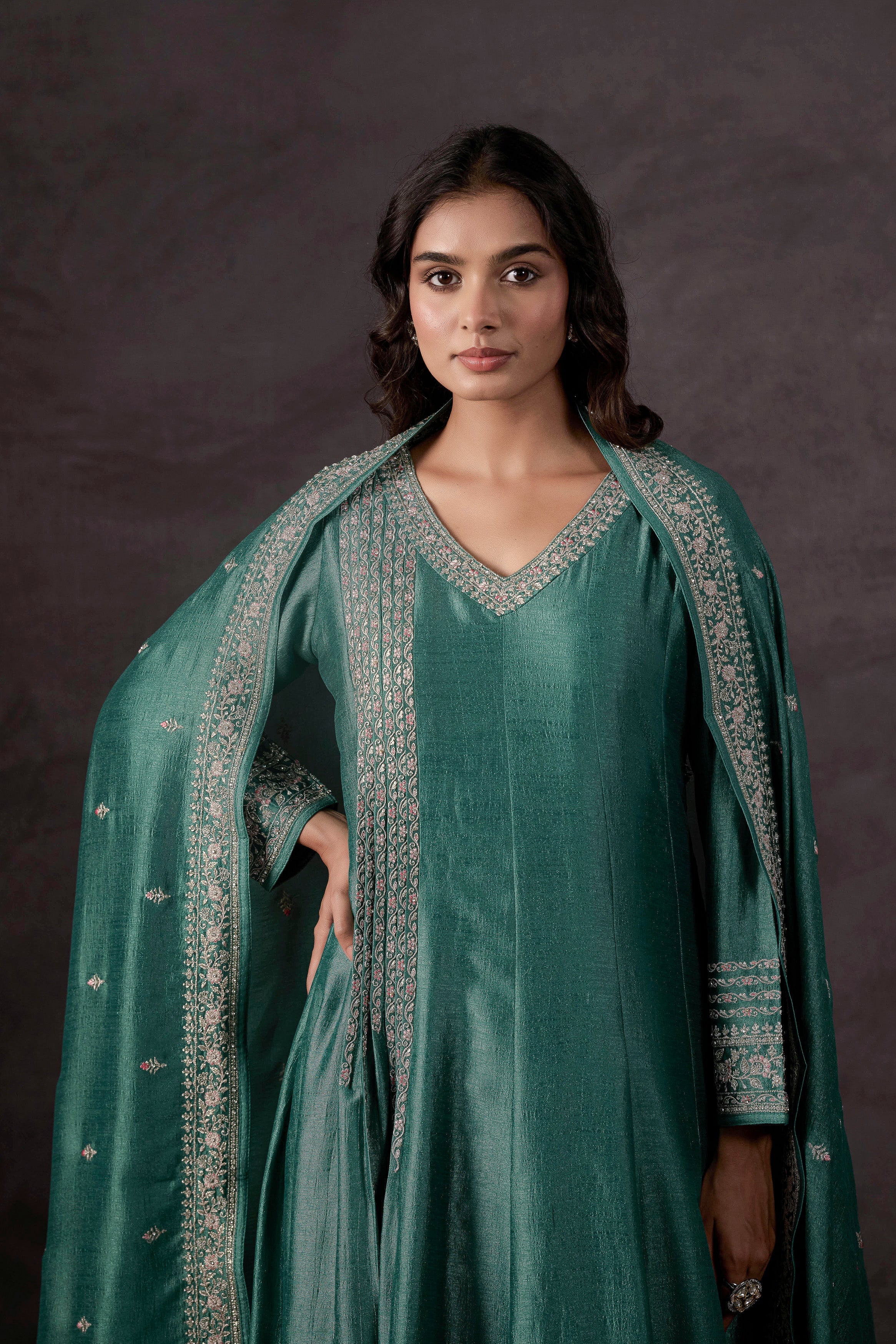 Light Green Embellished Raw Silk Anarkali Set - Image 4
