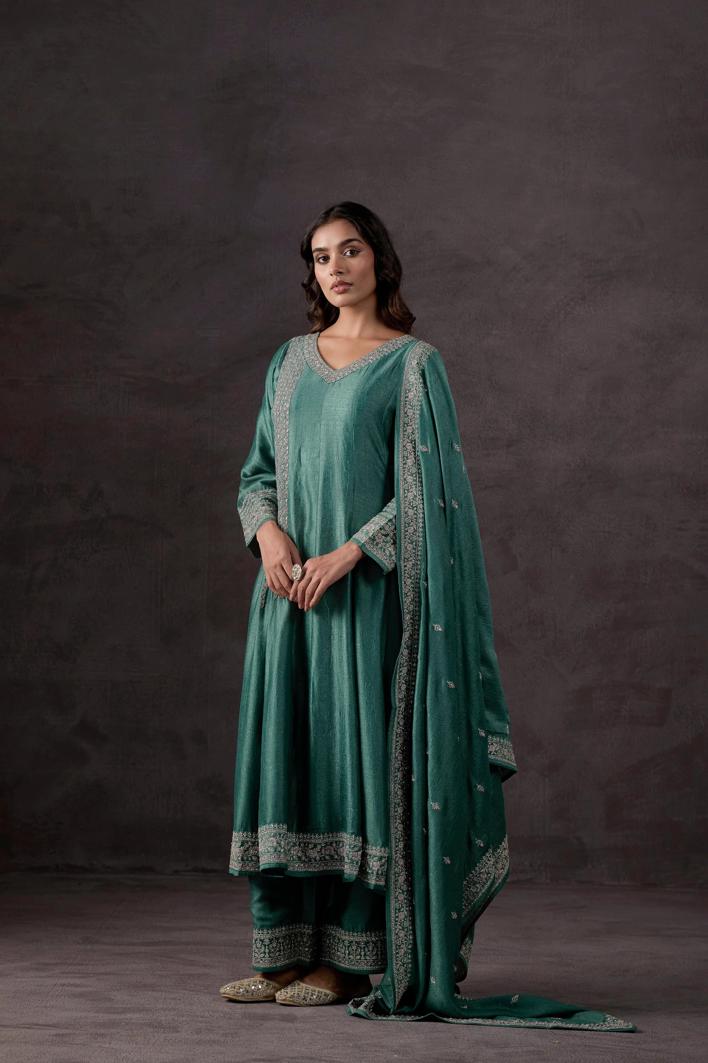 Light Green Embellished Raw Silk Anarkali Set - Image 5