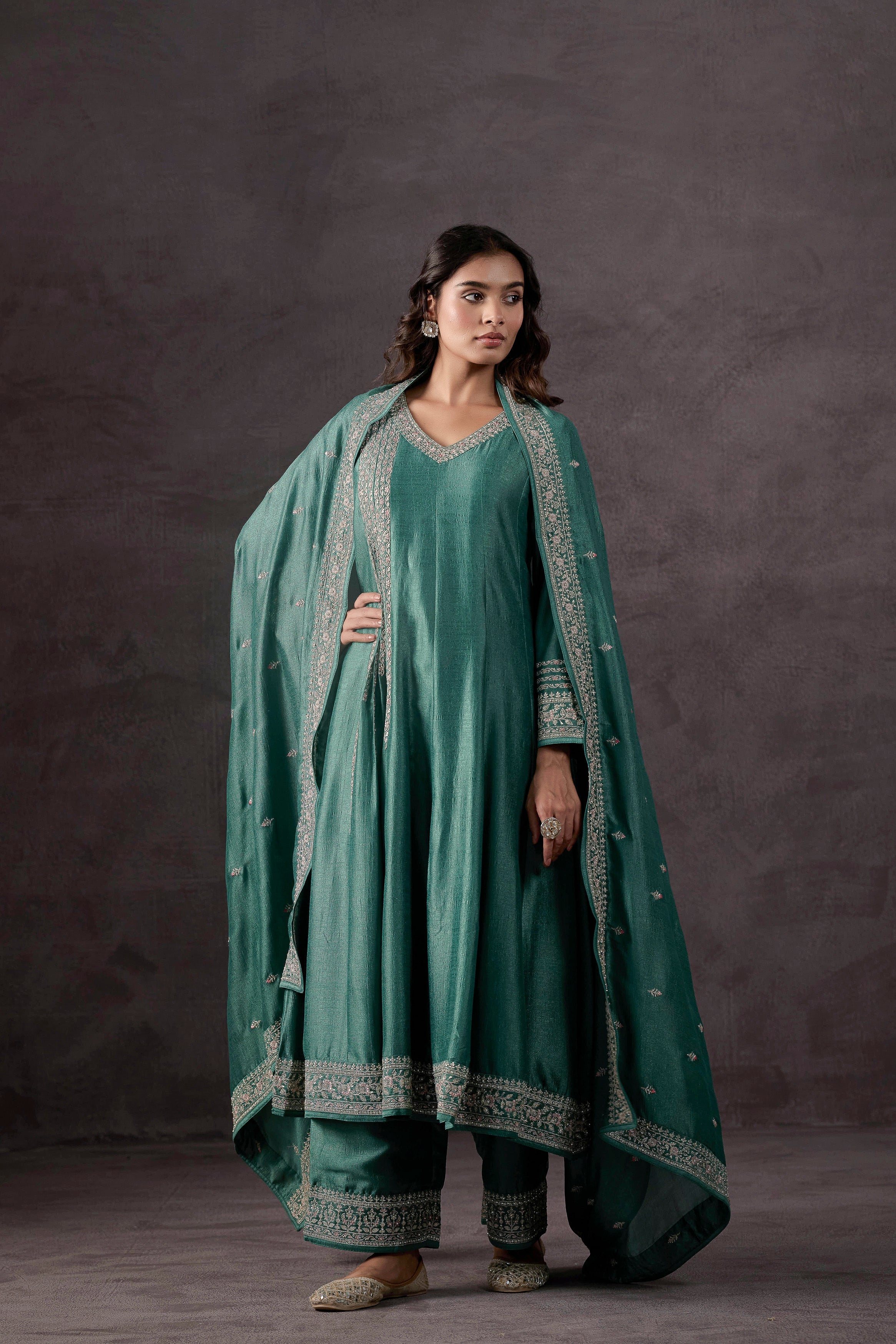 Light Green Embellished Raw Silk Anarkali Set - Image 6