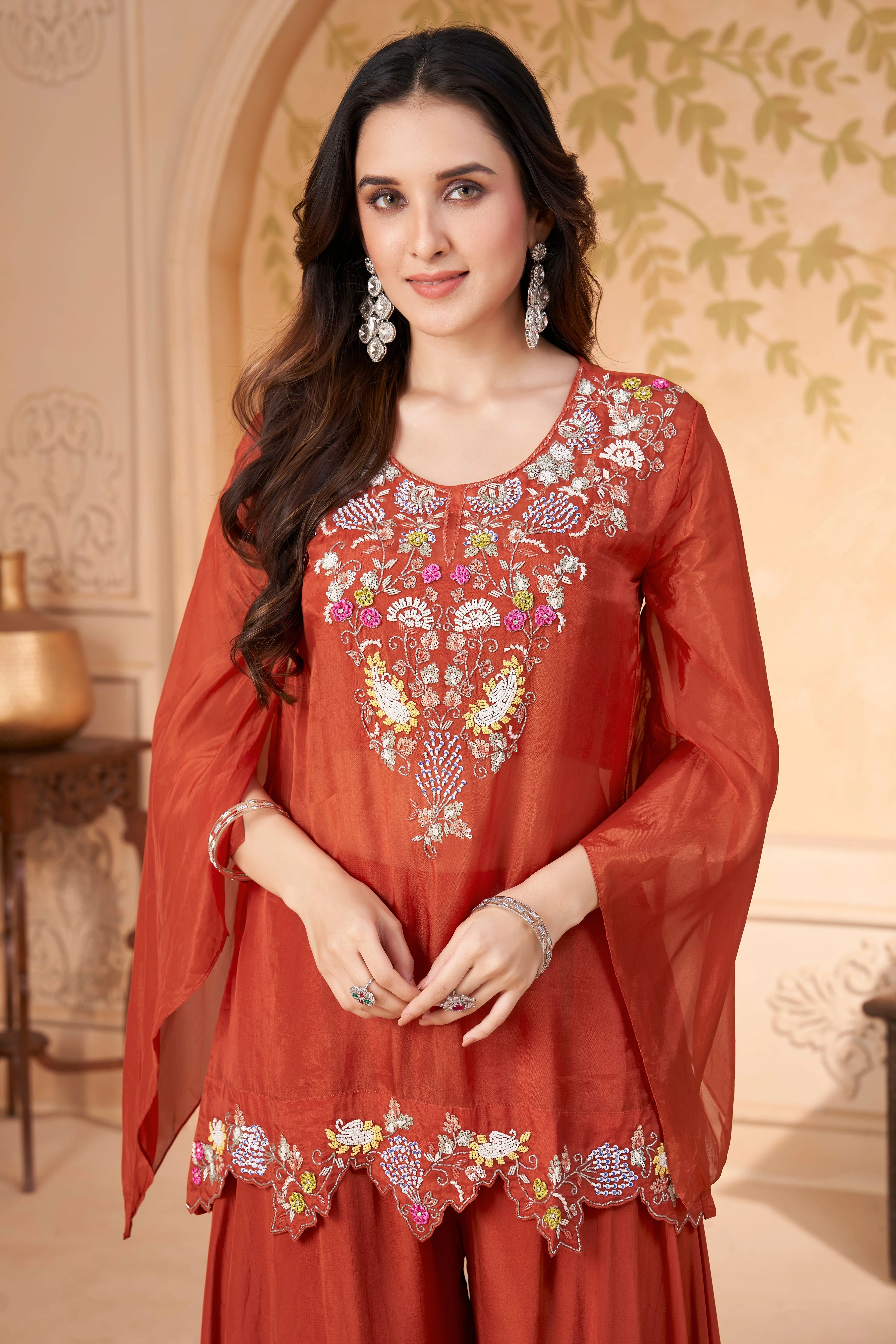 Rust Embellished Organza Silk Palazzo Set - Image 2