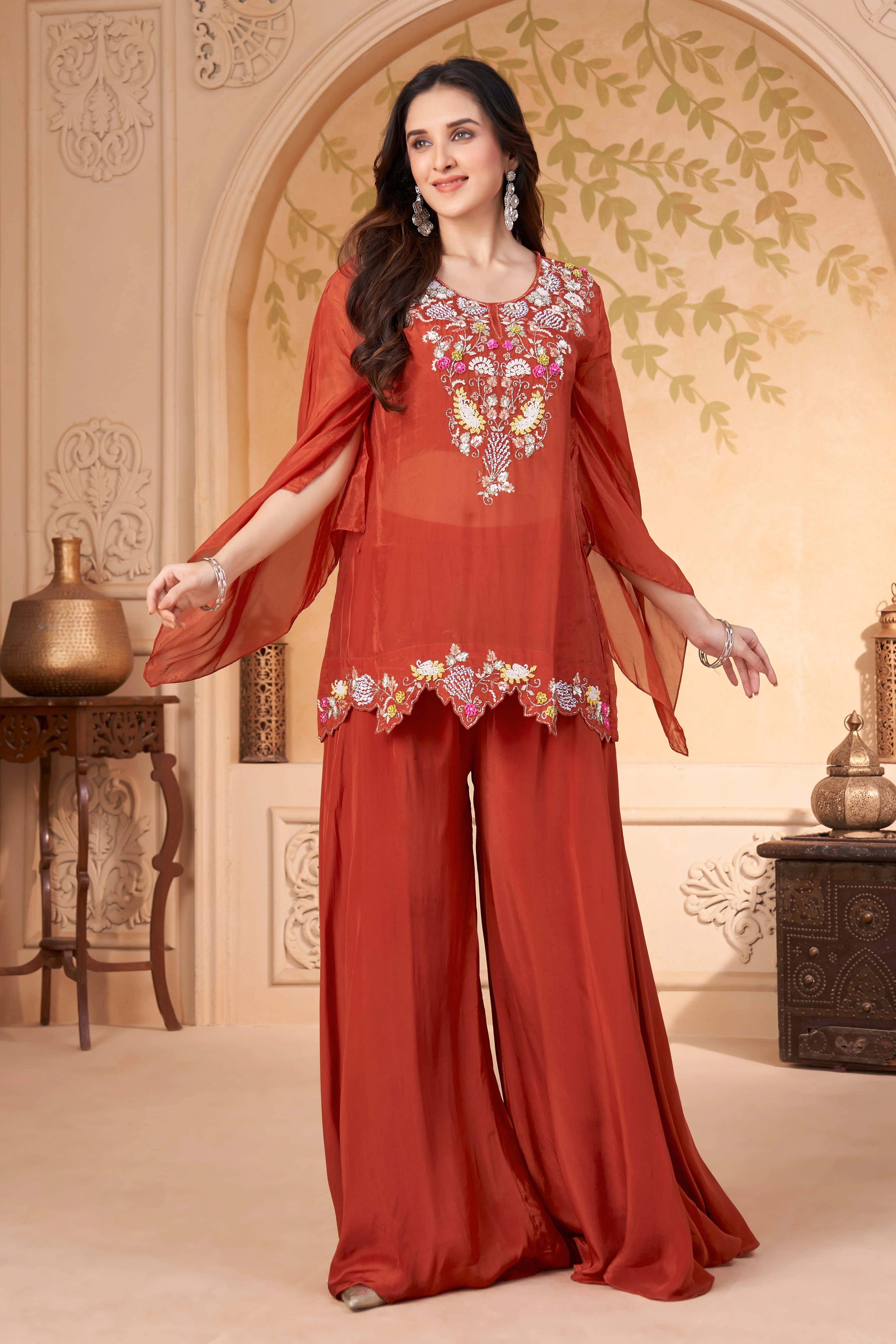 Rust Embellished Organza Silk Palazzo Set - Image 3