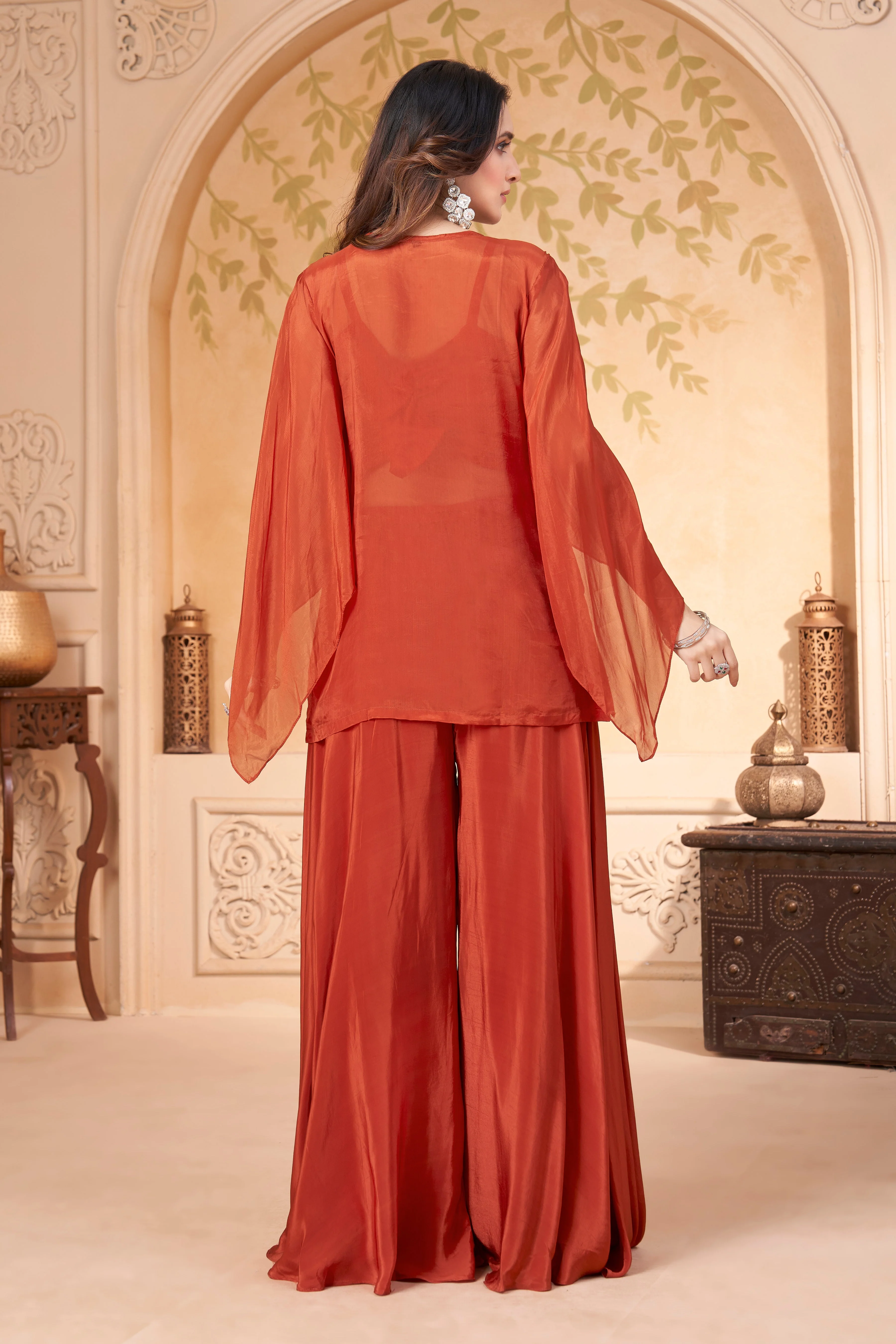 Rust Embellished Organza Silk Palazzo Set - Image 4
