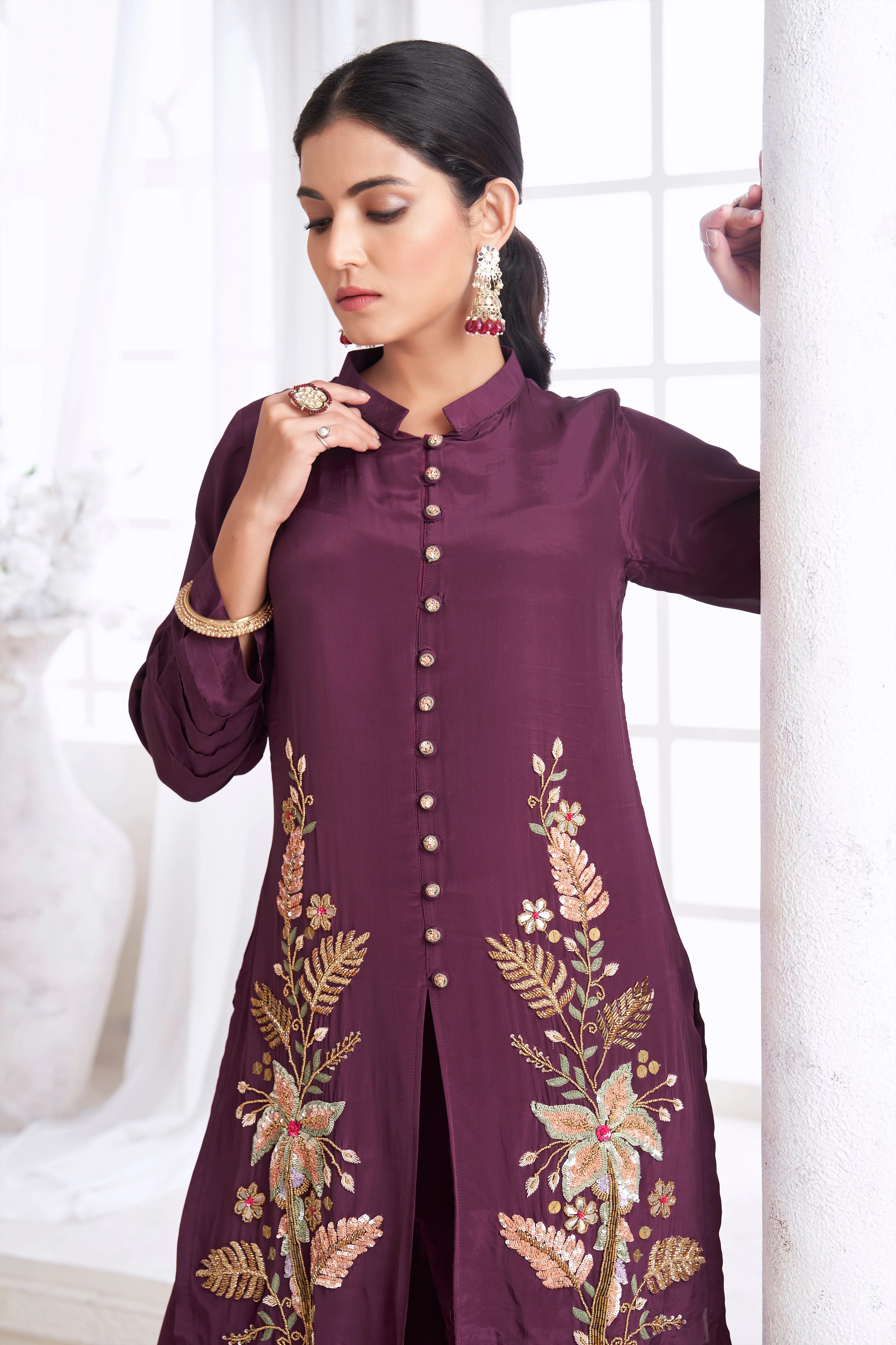 Deep Wine Embellished Crepe Silk Palazzo Set - Image 2
