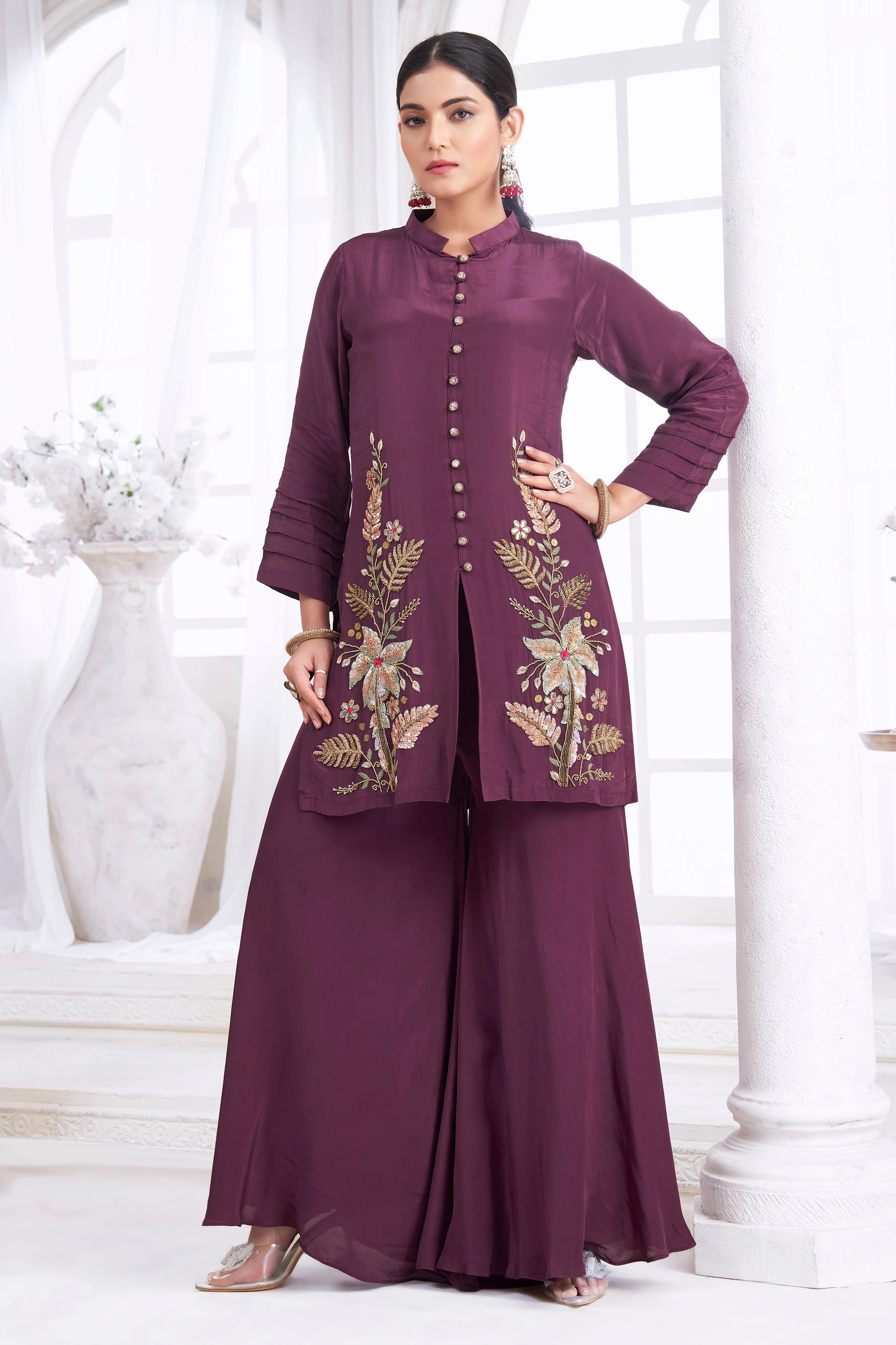 Deep Wine Embellished Crepe Silk Palazzo Set - Image 3