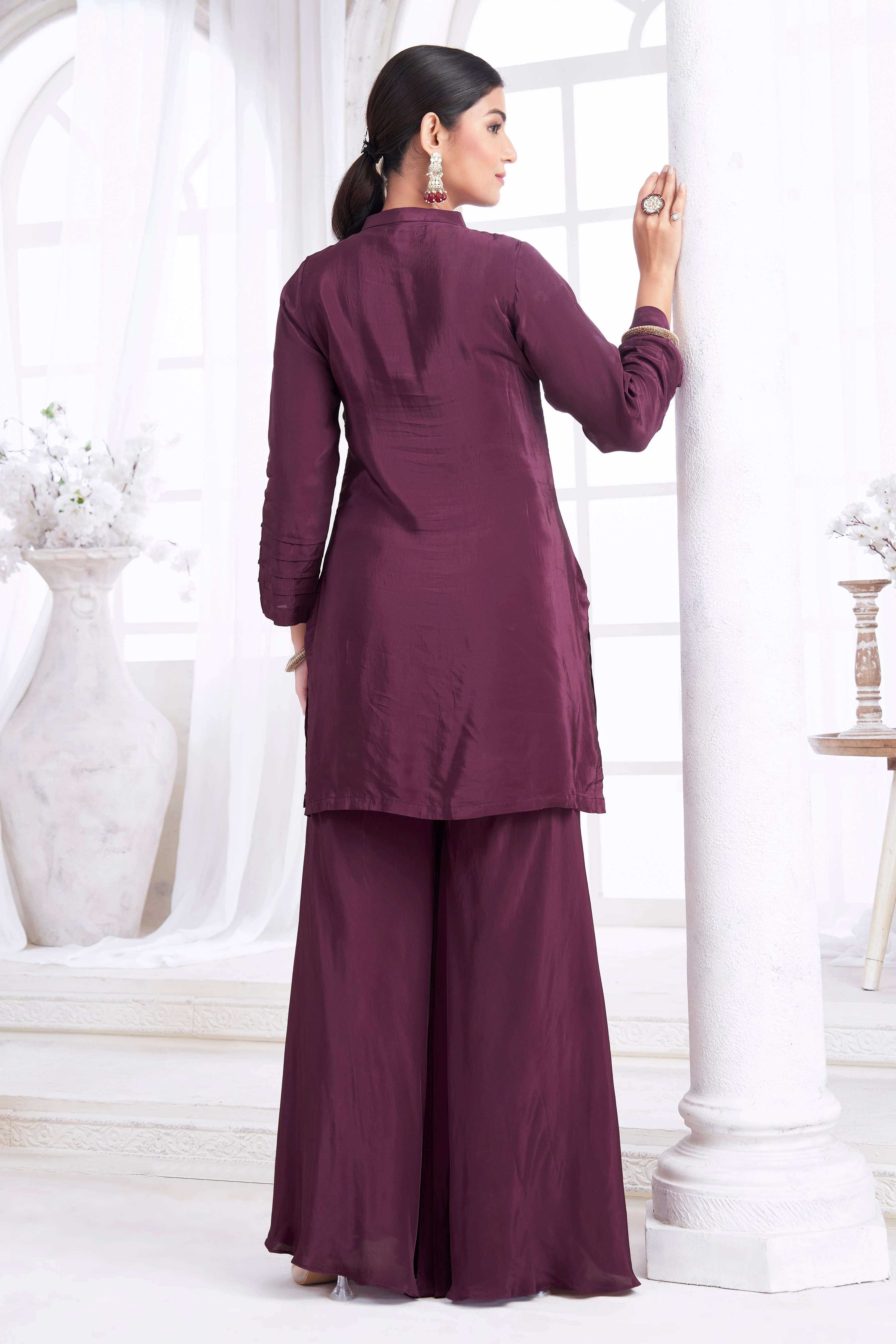 Deep Wine Embellished Crepe Silk Palazzo Set - Image 4