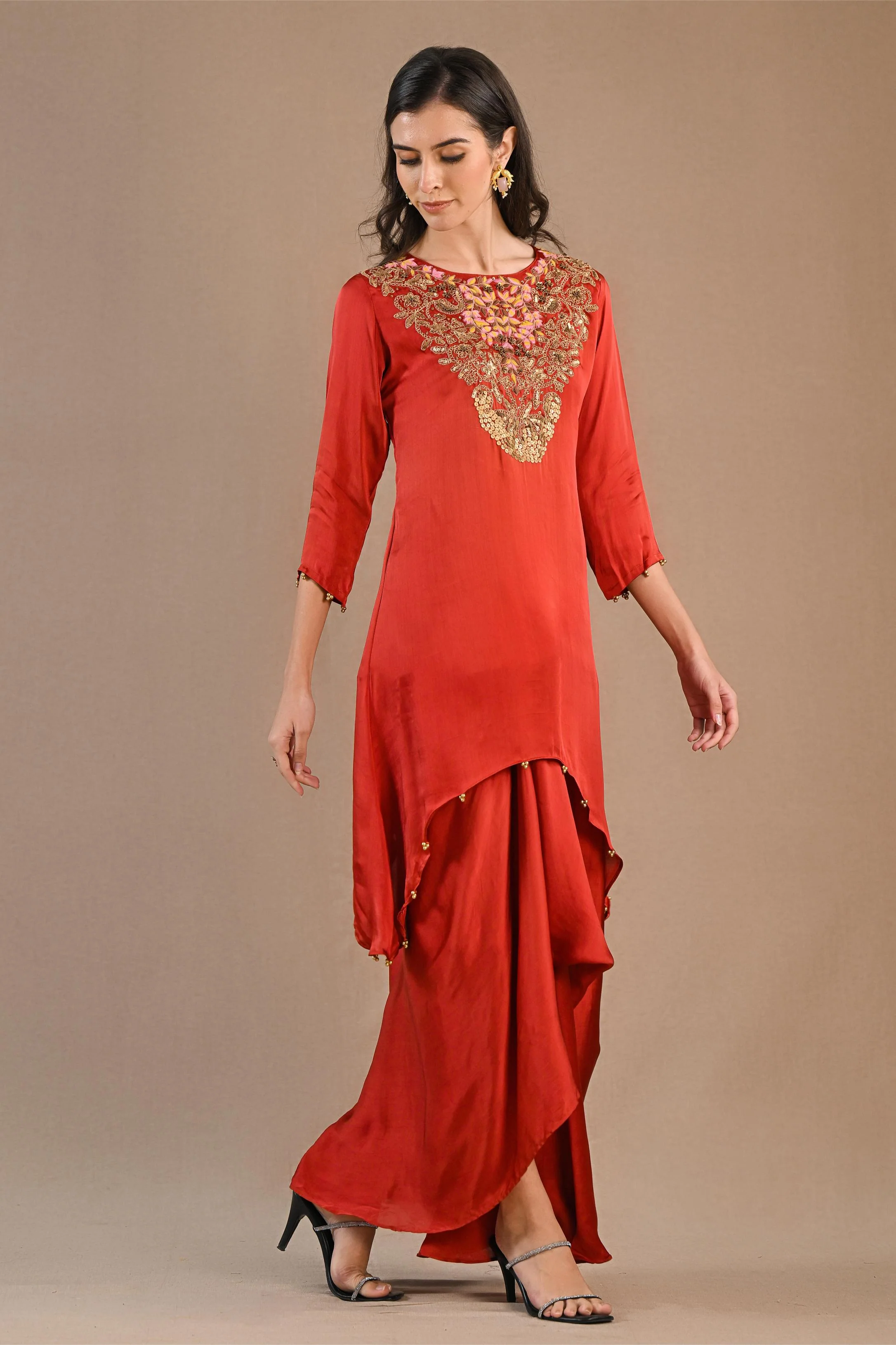 Rust Embroidered Satin Silk Kurta & Skirt Set - Image 3