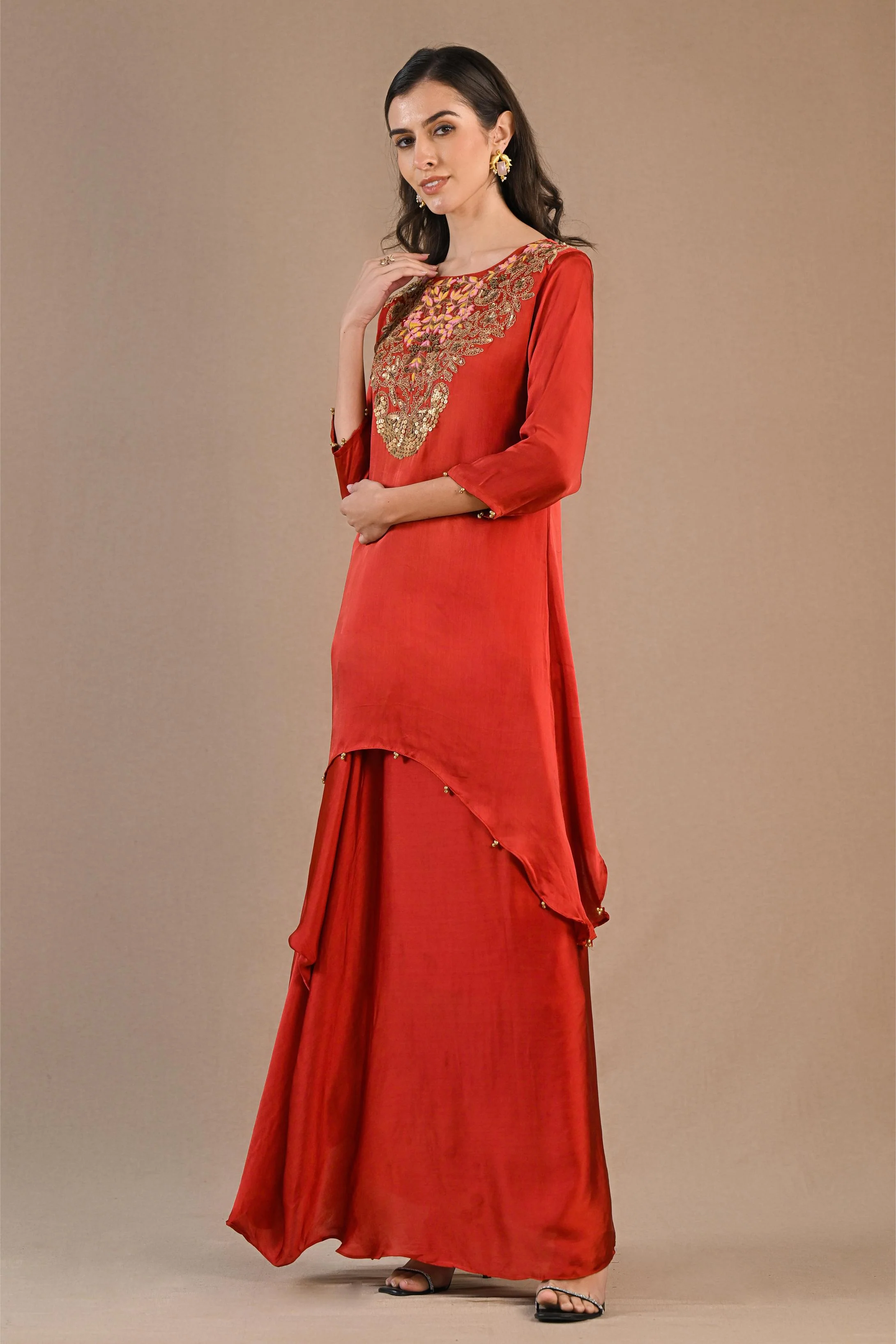 Rust Embroidered Satin Silk Kurta & Skirt Set - Image 4
