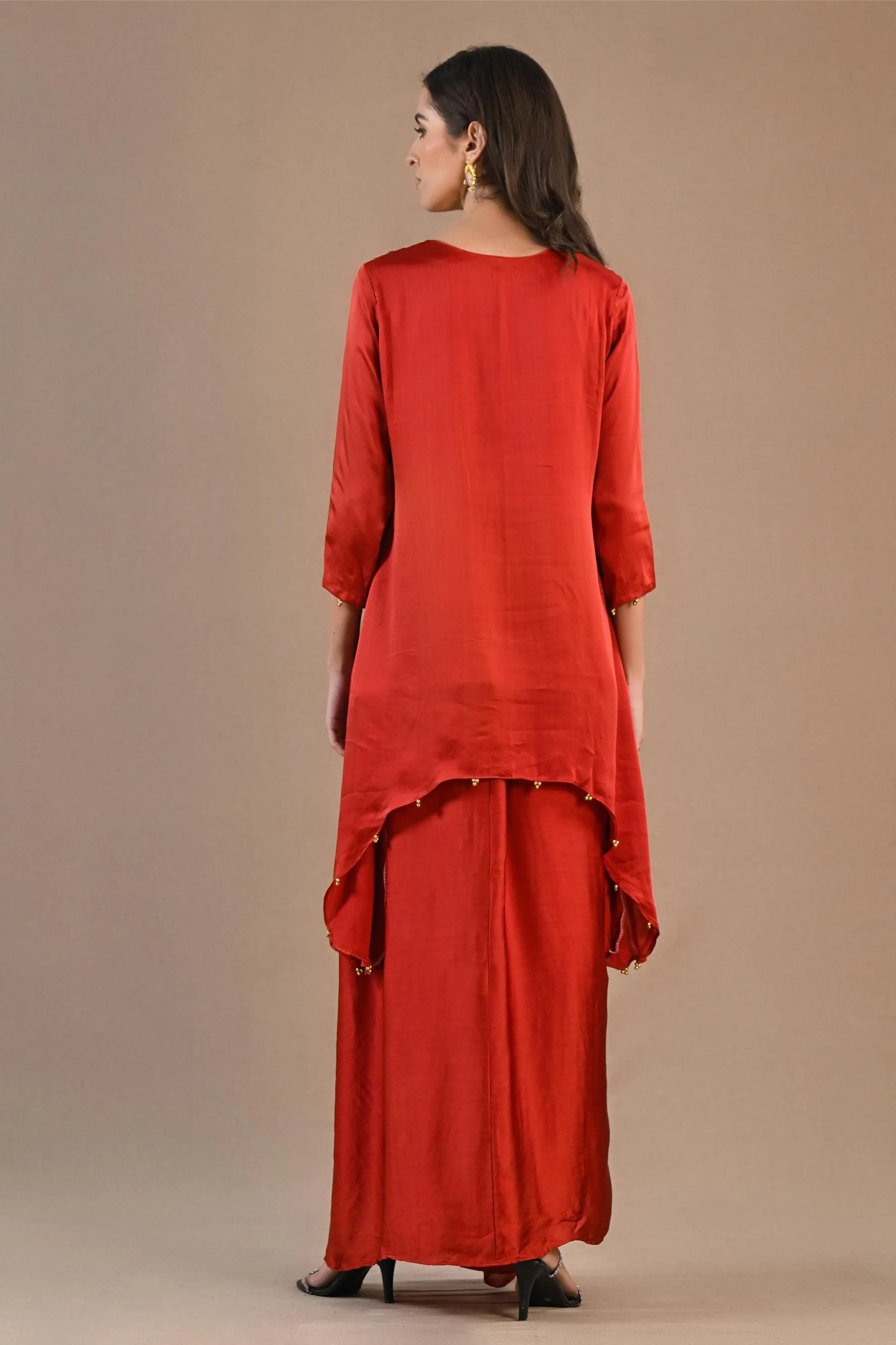 Rust Embroidered Satin Silk Kurta & Skirt Set - Image 5