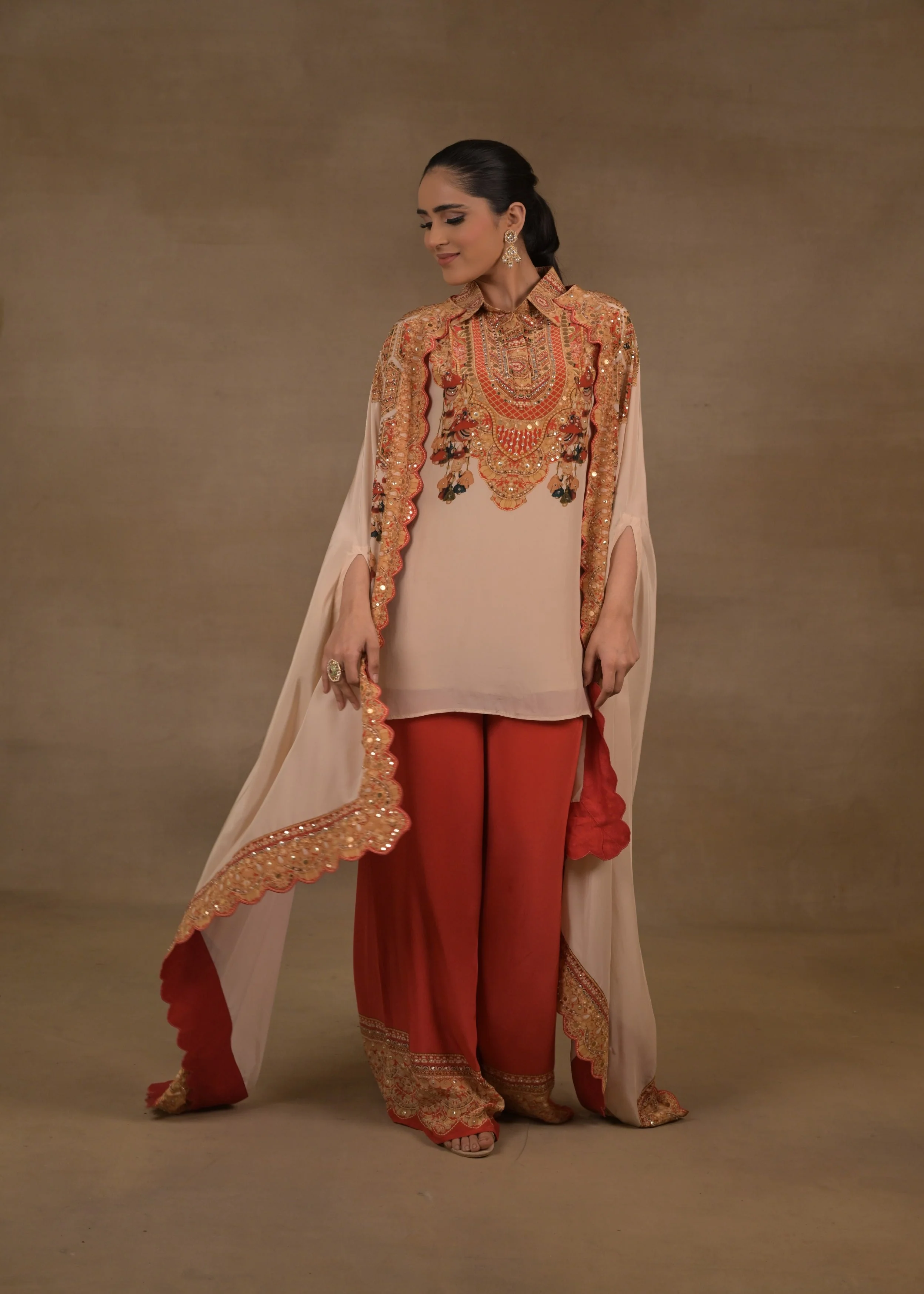 Rust Ivory Embellished Crepe Silk Cape Set