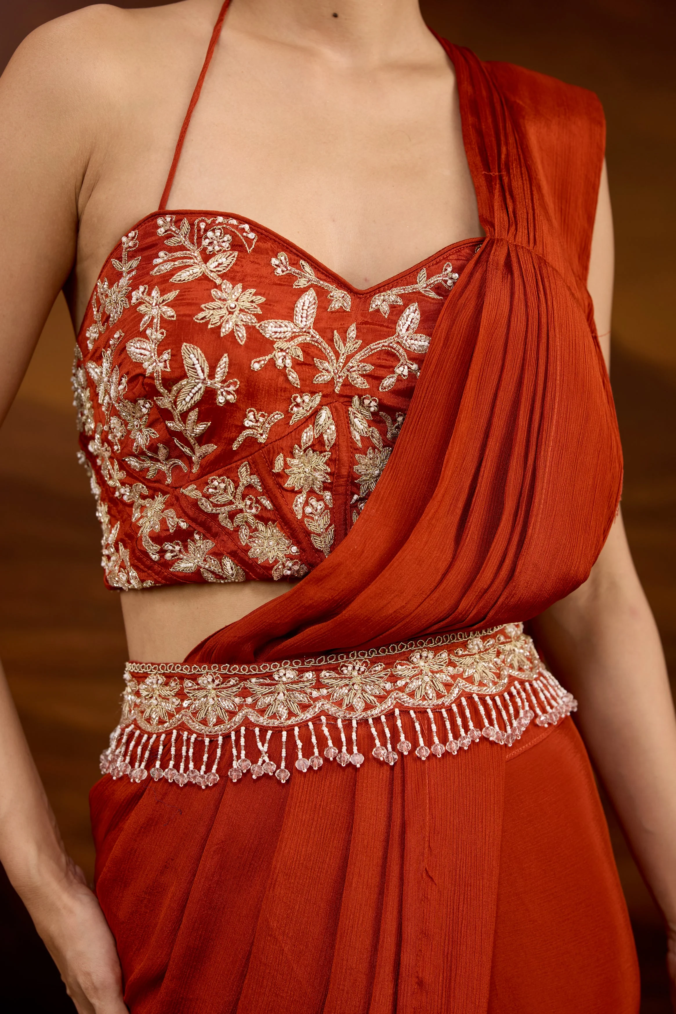 Rust Orange Embellished Chinon Silk Draped Saree - Image 2