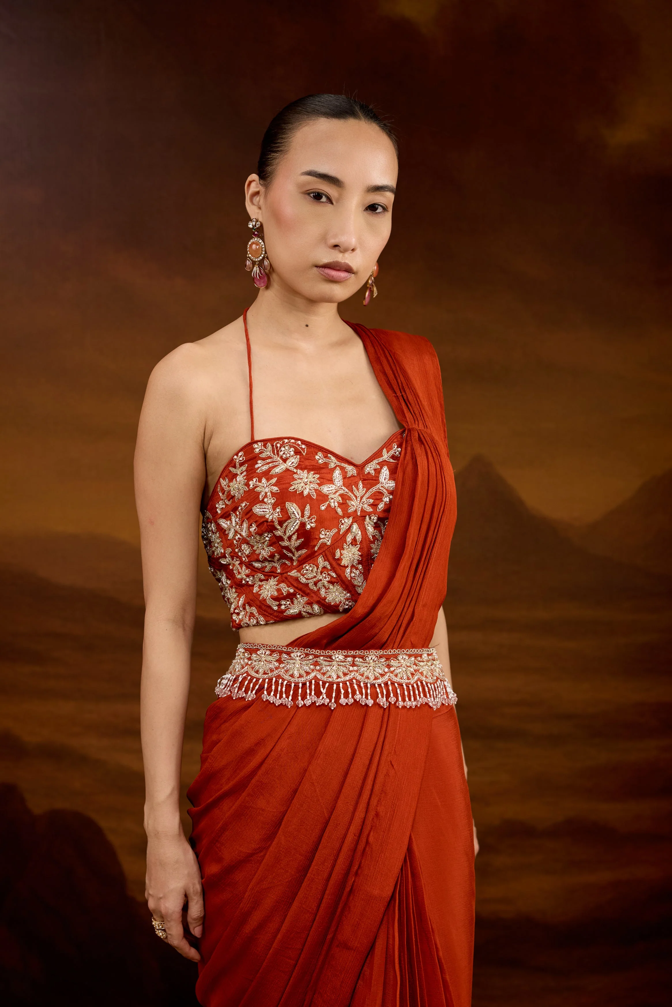 Rust Orange Embellished Chinon Silk Draped Saree - Image 3