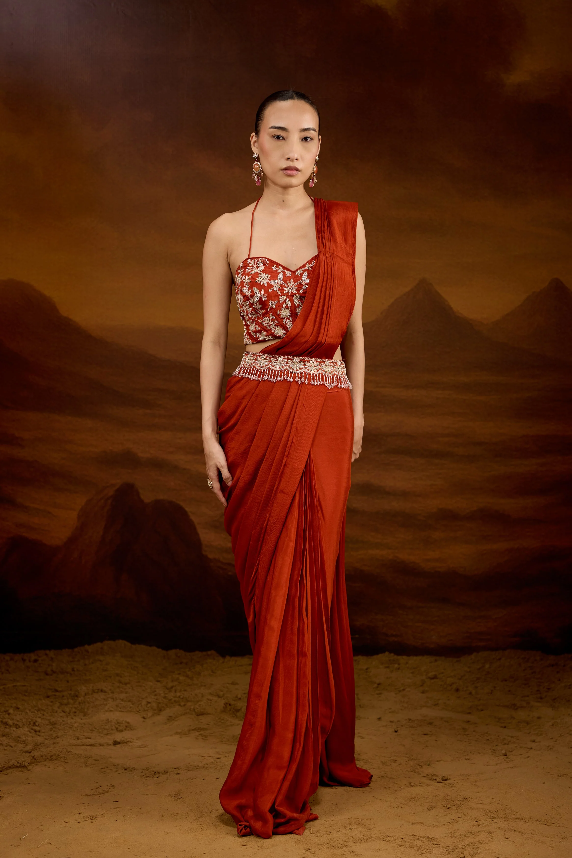 Rust Orange Embellished Chinon Silk Draped Saree - Image 6