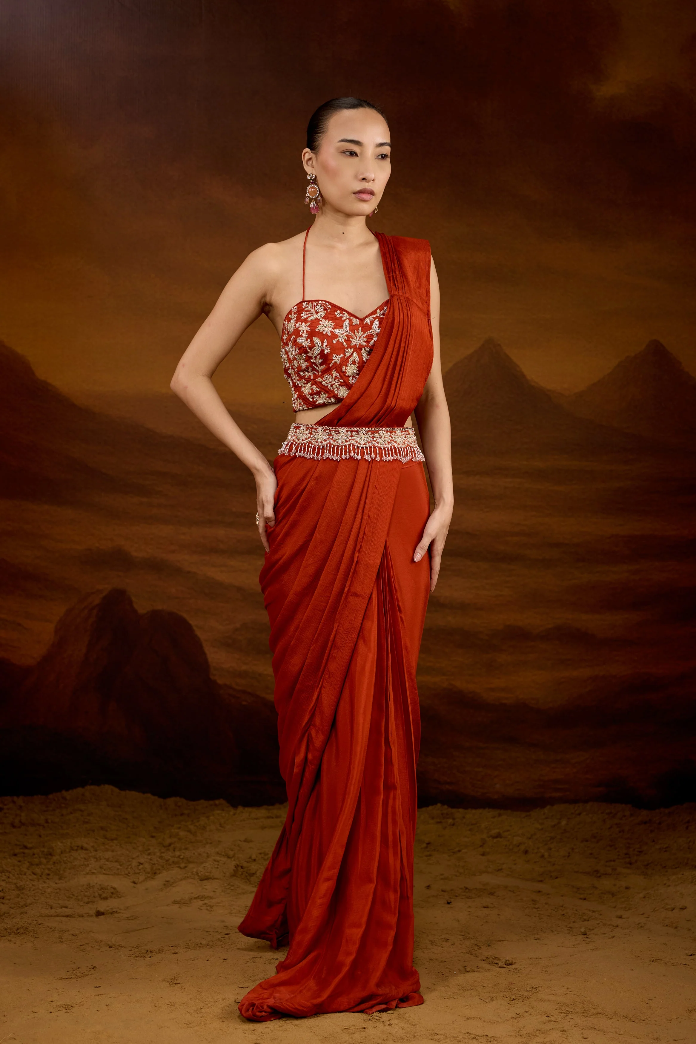 Rust Orange Embellished Chinon Silk Draped Saree - Image 7