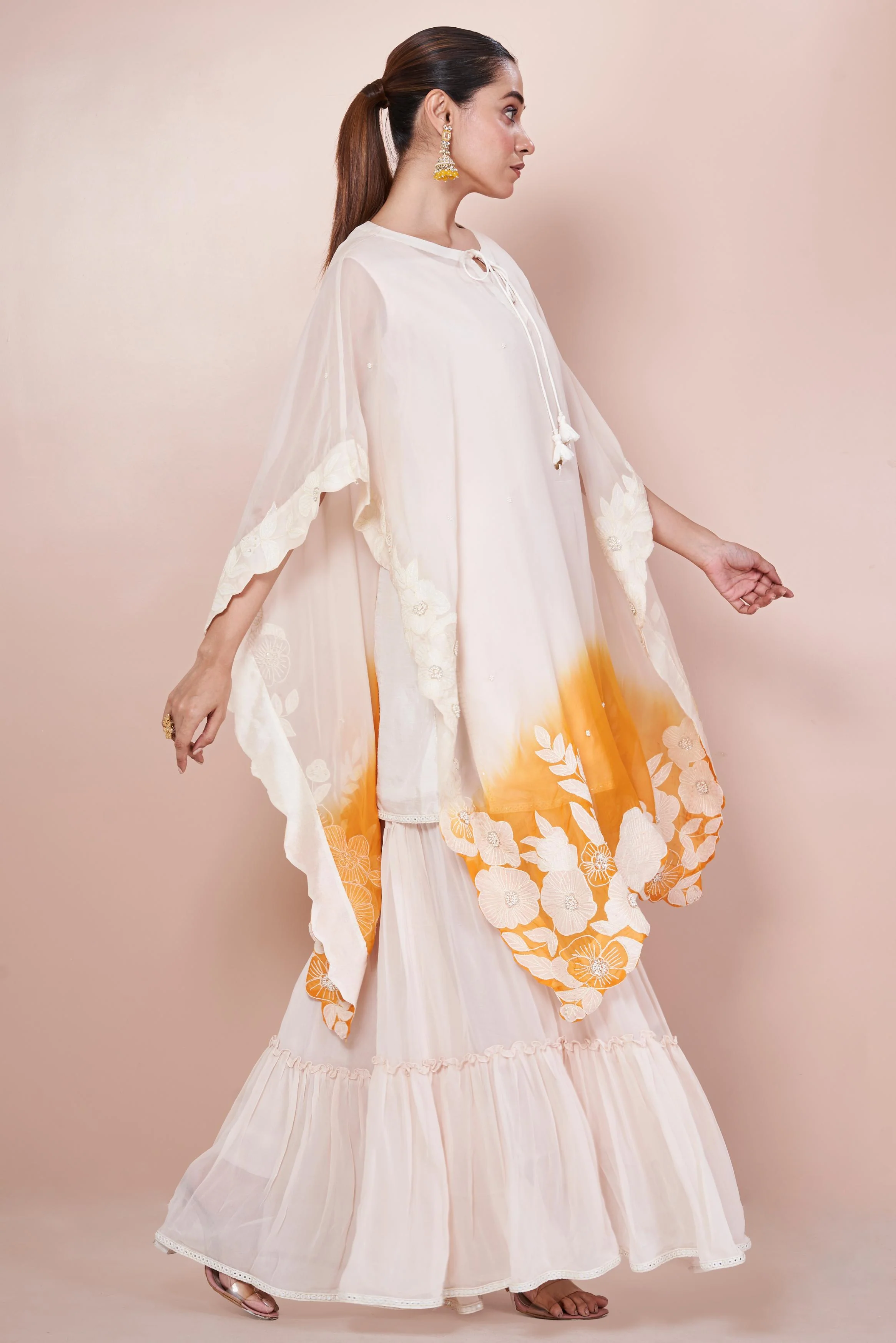 Orange Ombre-Dyed Embroidered Georgette Silk Sharara Set - Image 3