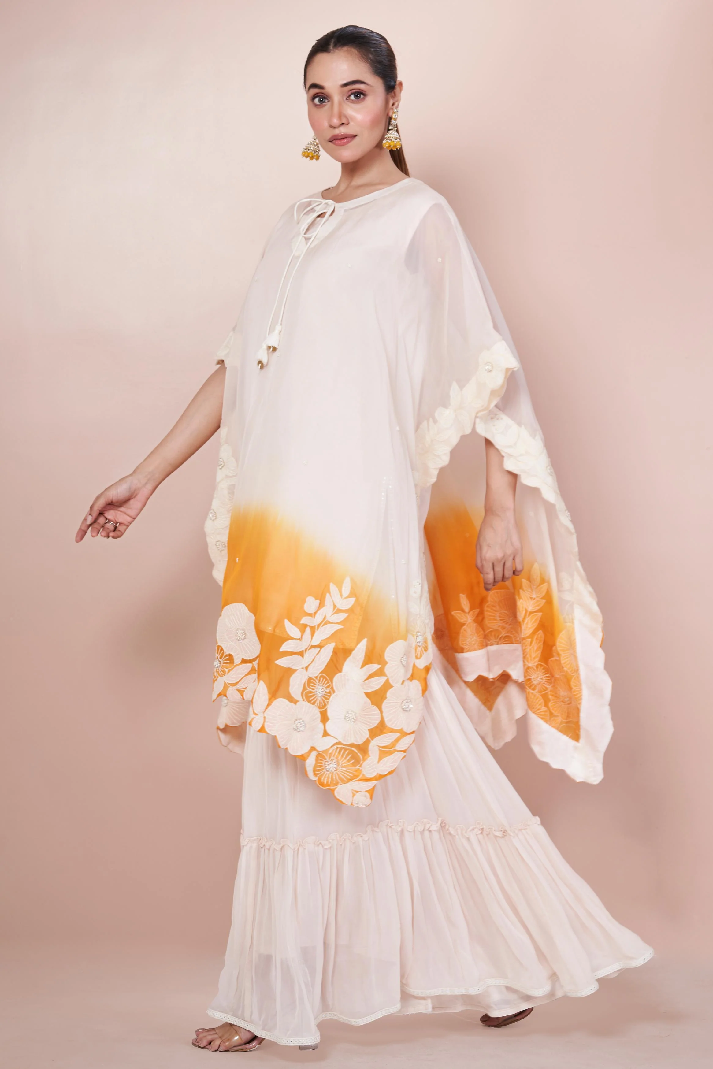Orange Ombre-Dyed Embroidered Georgette Silk Sharara Set - Image 4