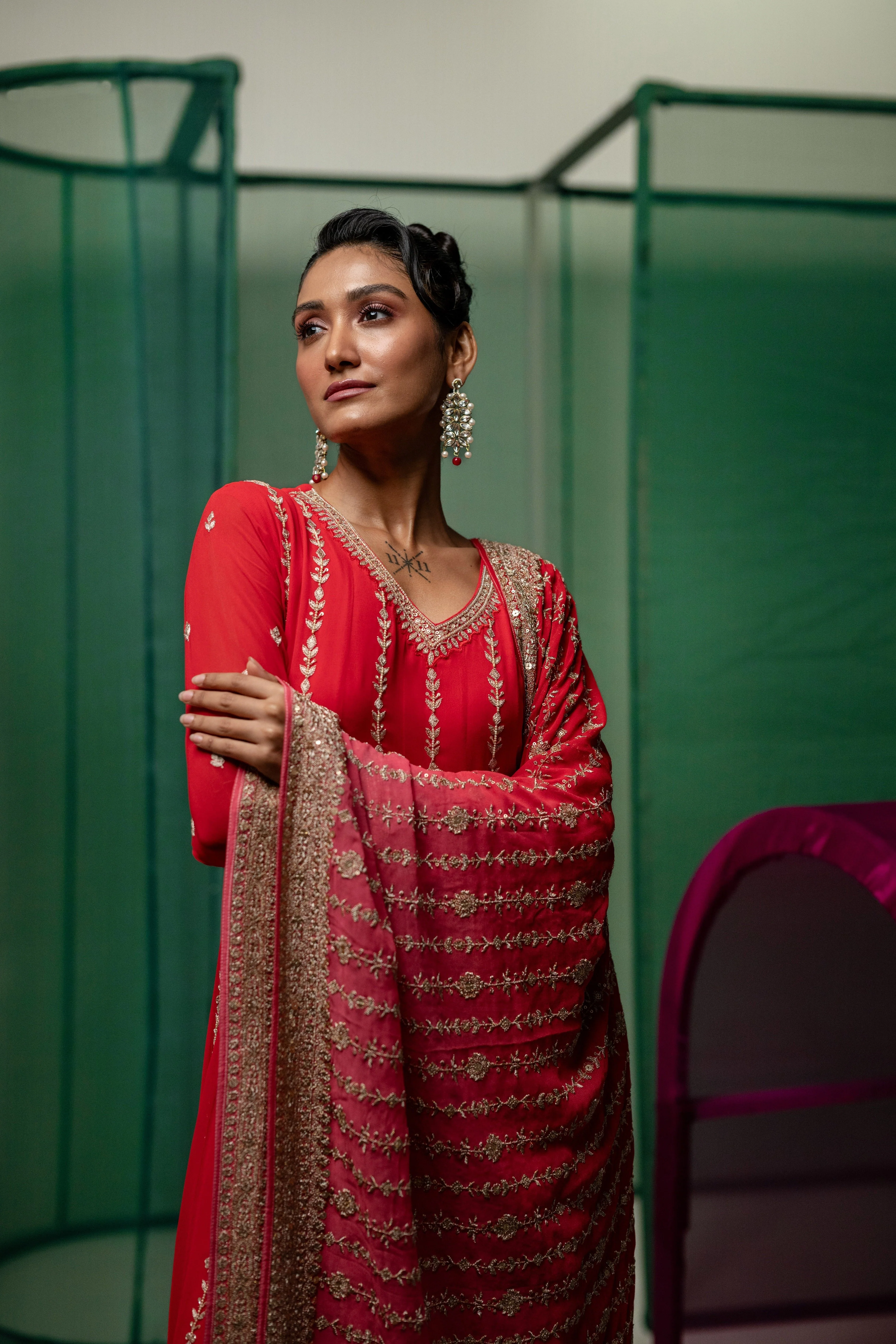 Rani Pink Embellished Chinon Silk Palazzo Set - Image 3
