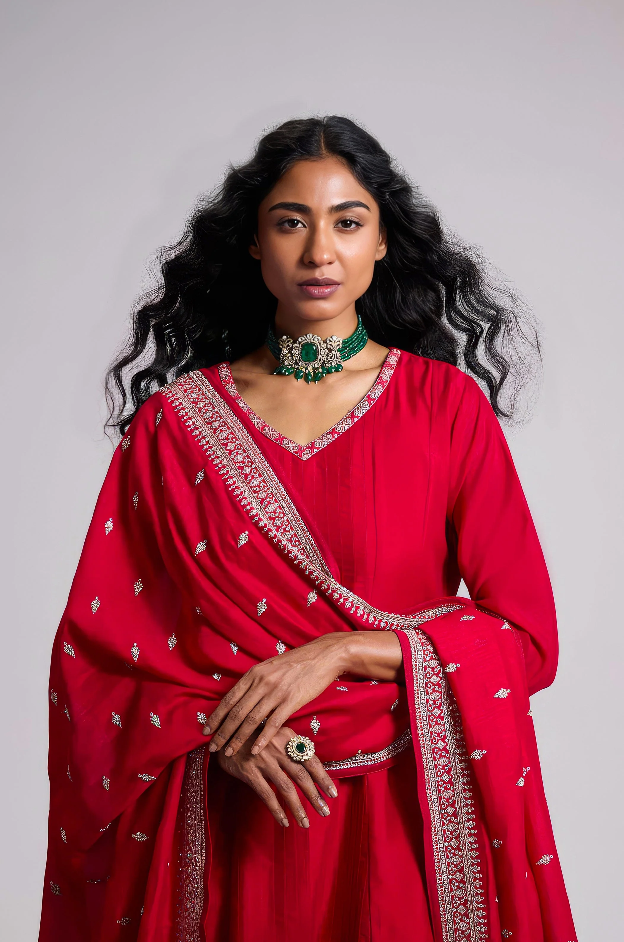 Magenta Rose Embellished Chinon Silk Pant Set - Image 2