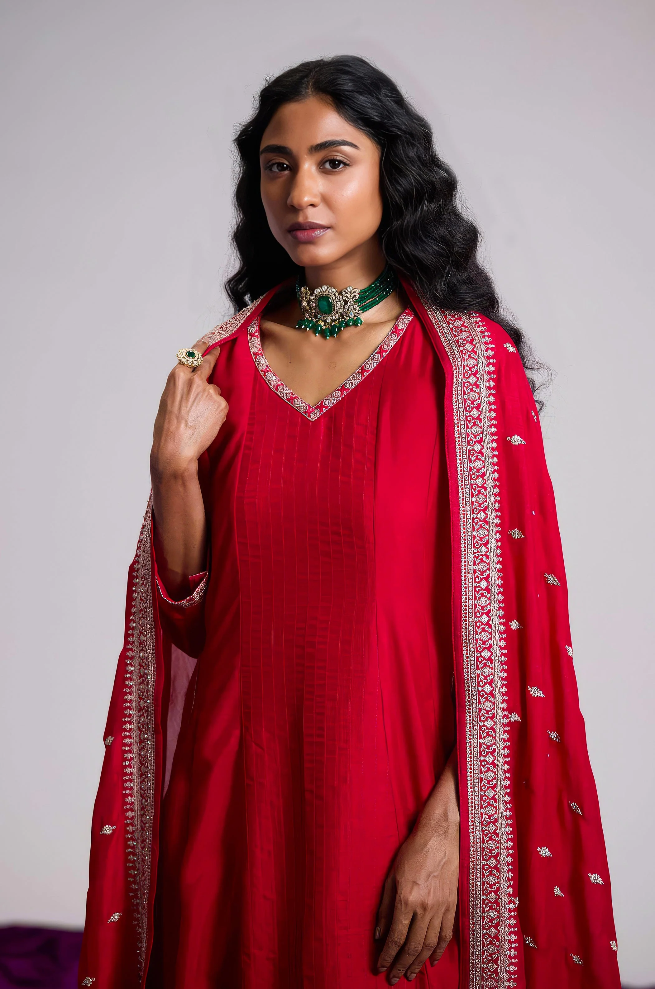 Magenta Rose Embellished Chinon Silk Pant Set - Image 3