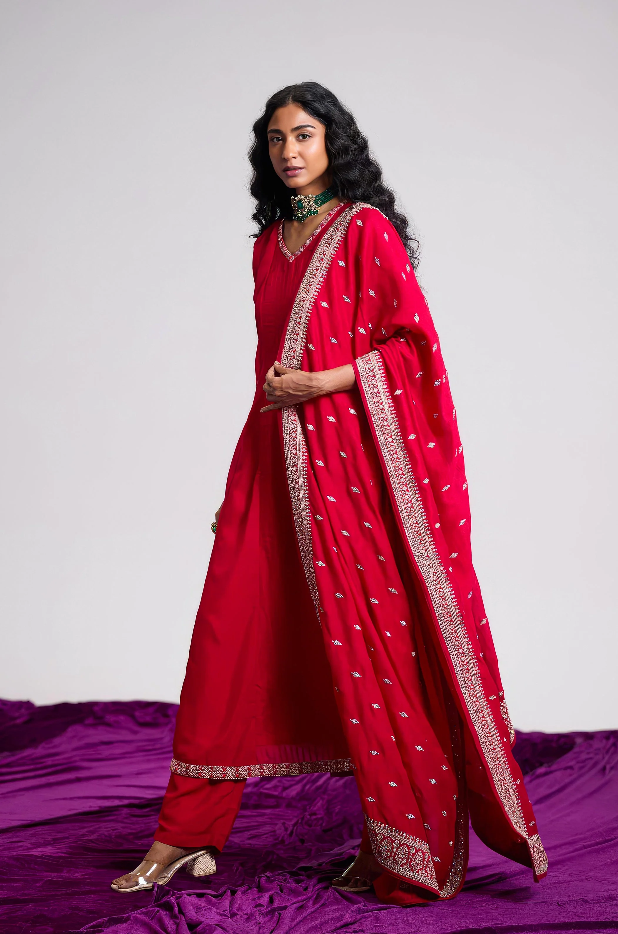 Magenta Rose Embellished Chinon Silk Pant Set - Image 5