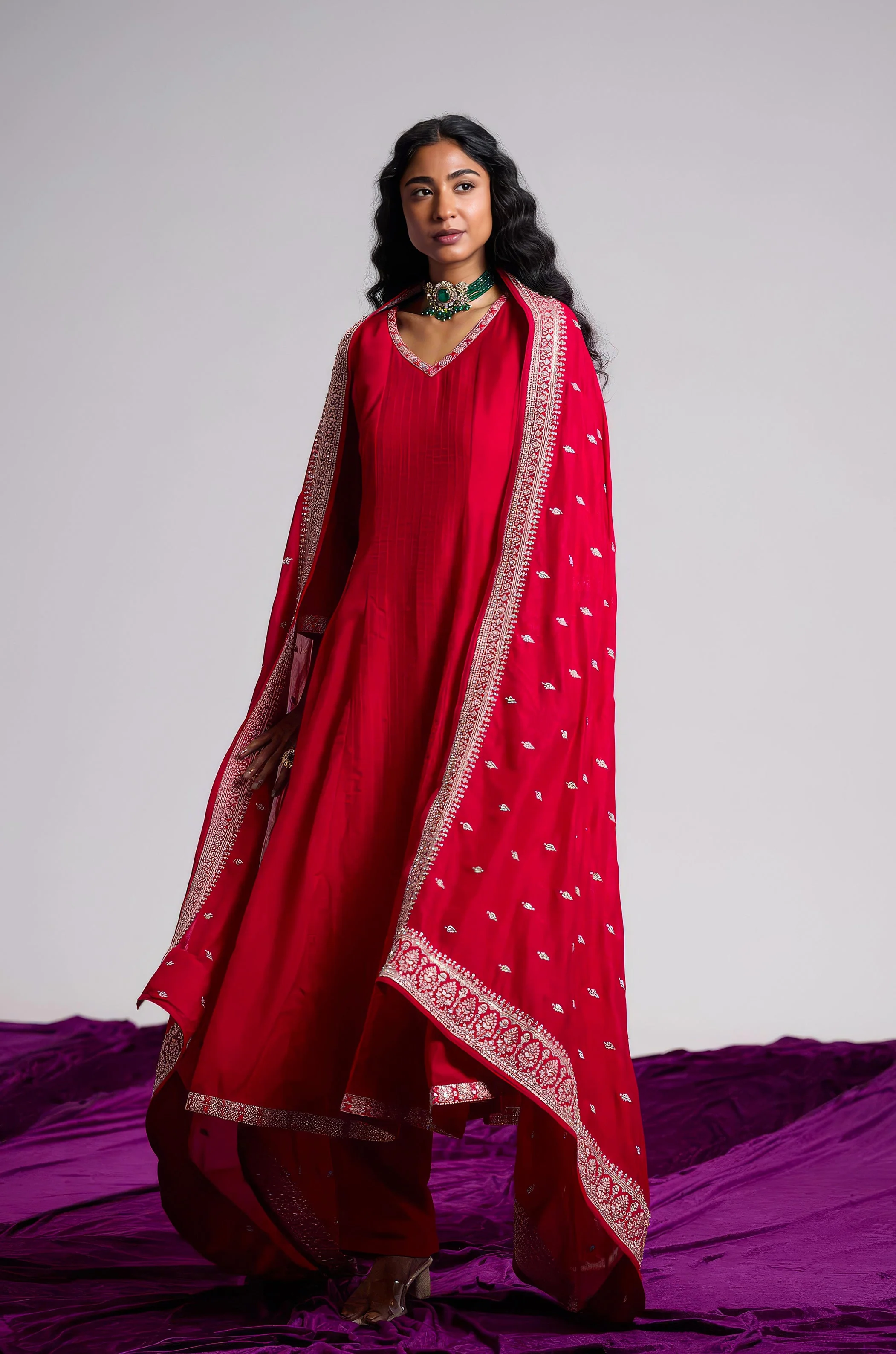 Magenta Rose Embellished Chinon Silk Pant Set - Image 6