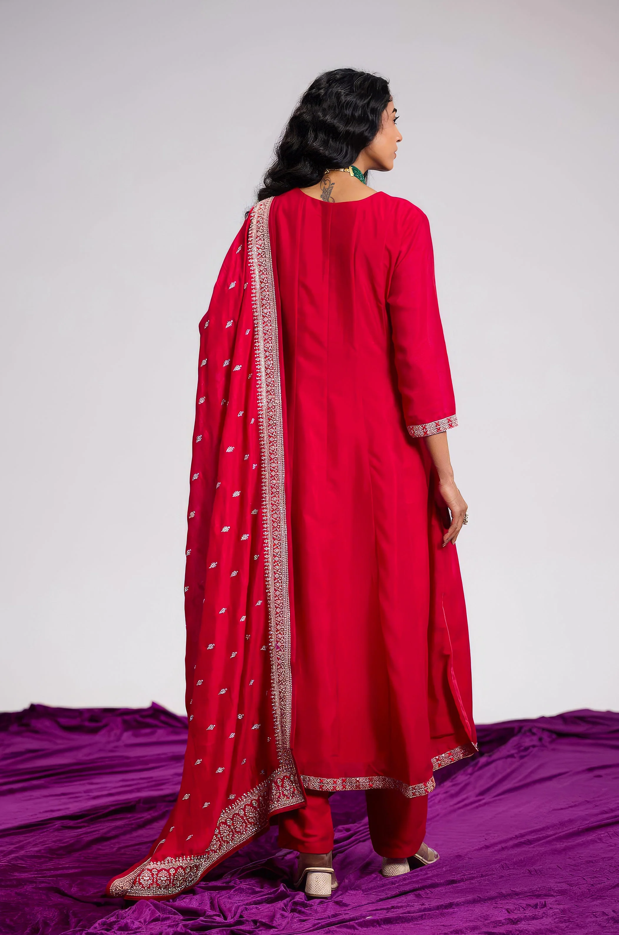 Magenta Rose Embellished Chinon Silk Pant Set - Image 7