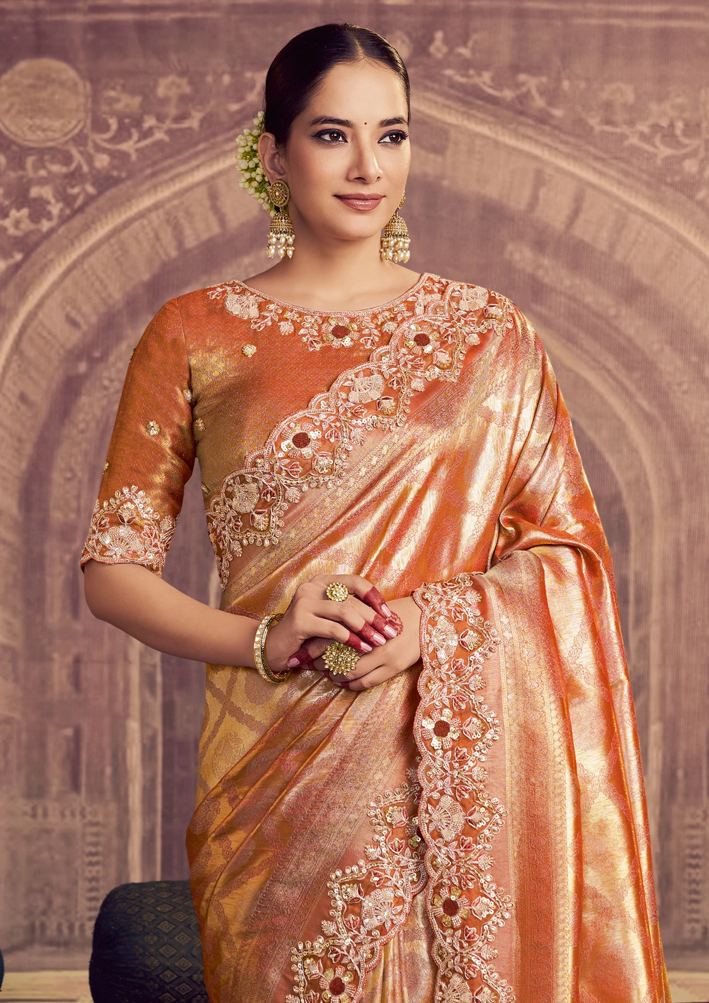 Rust Orange Embellished Kanjivaram Silk Saree - Image 2