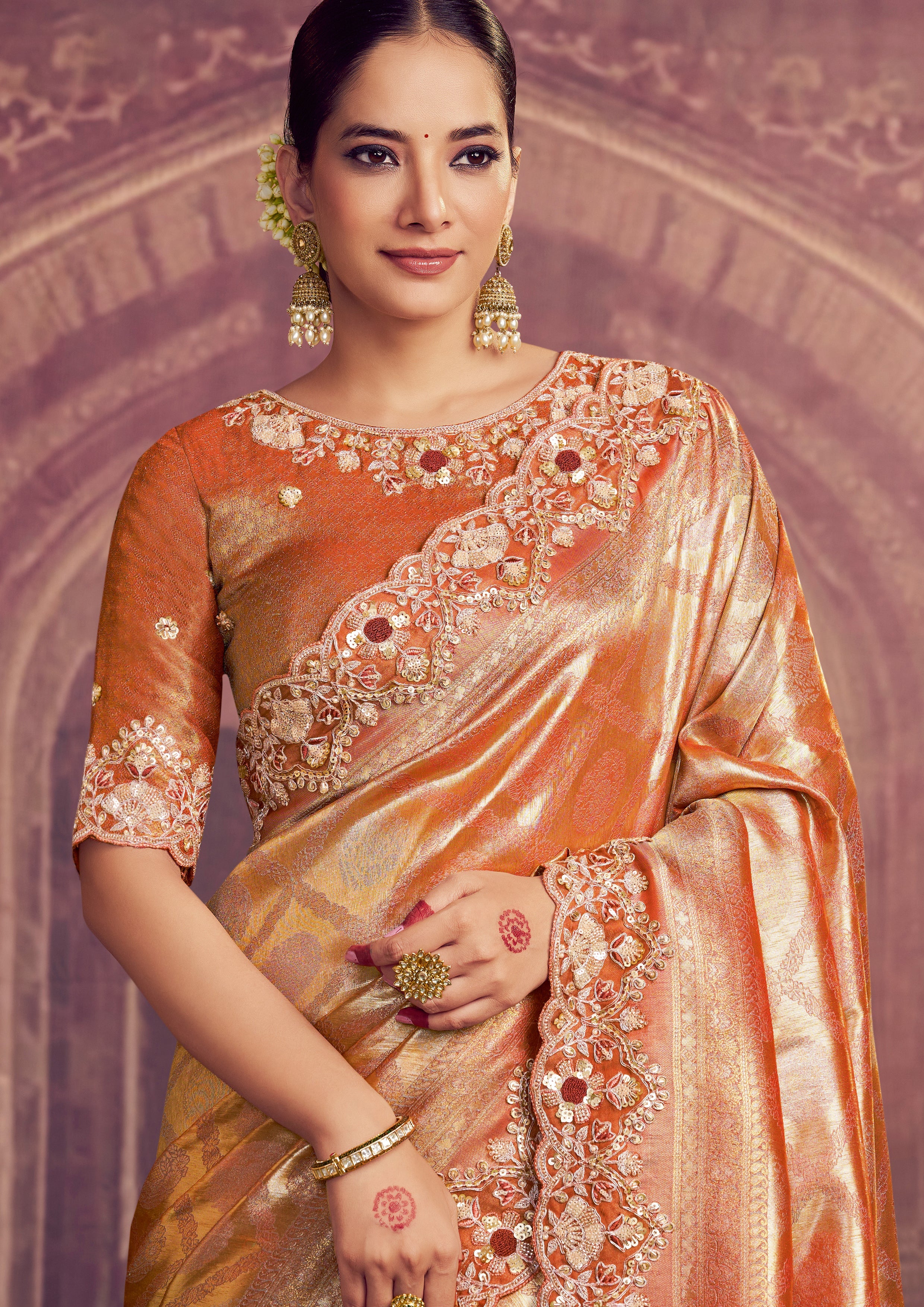 Rust Orange Embellished Kanjivaram Silk Saree - Image 3