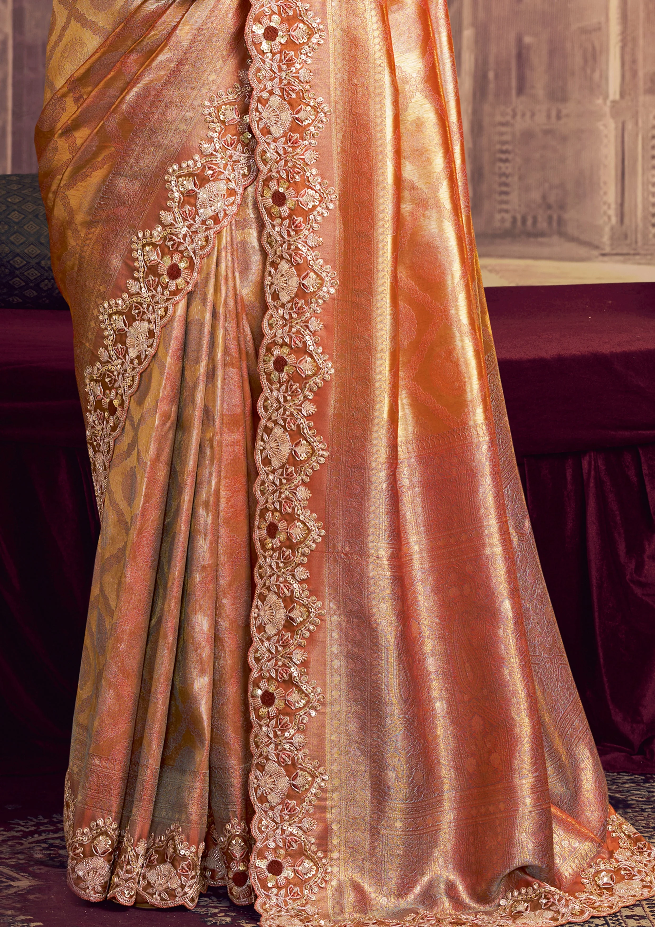 Rust Orange Embellished Kanjivaram Silk Saree - Image 4
