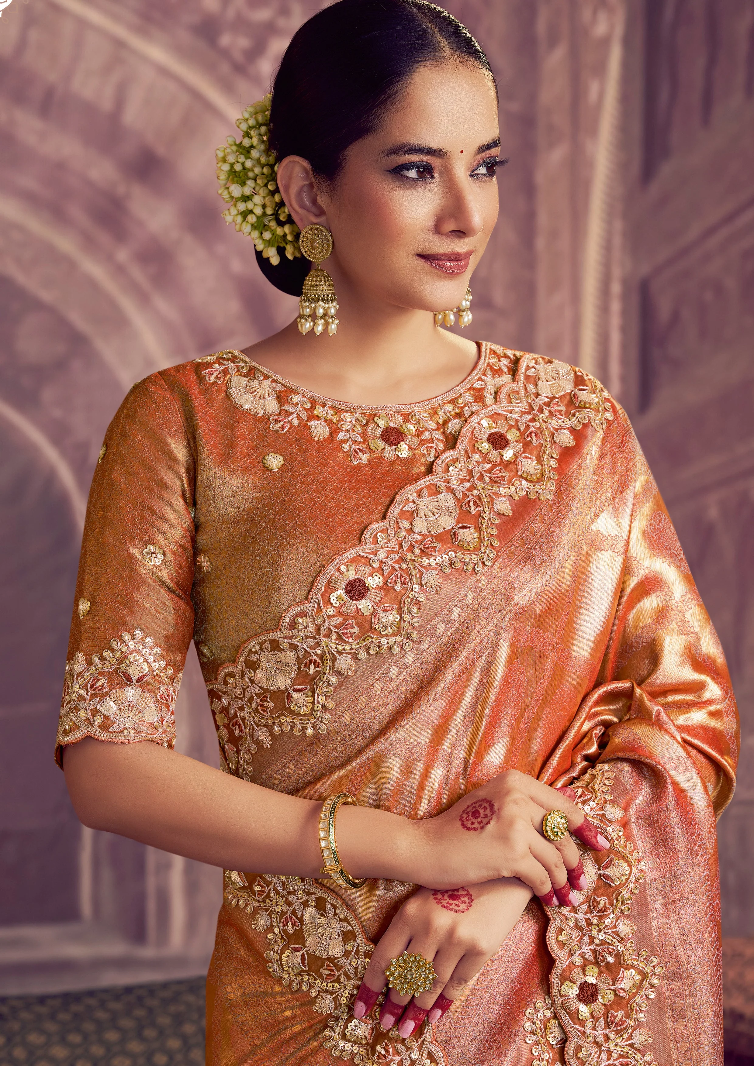 Rust Orange Embellished Kanjivaram Silk Saree - Image 6