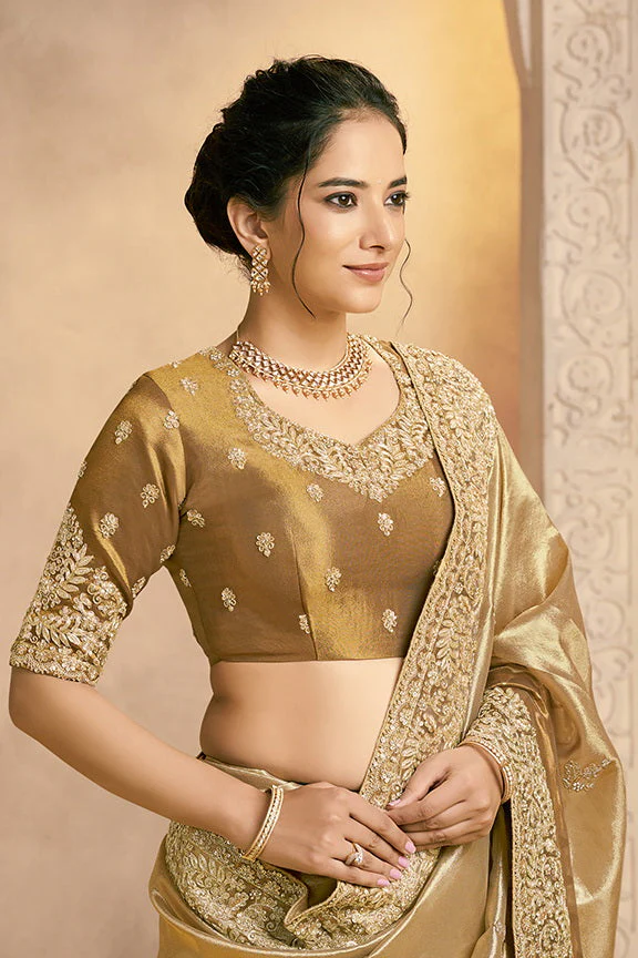 Light Golden Embellished Zari Kora Silk Saree - Image 2