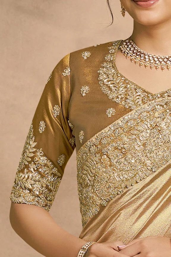 Light Golden Embellished Zari Kora Silk Saree - Image 3