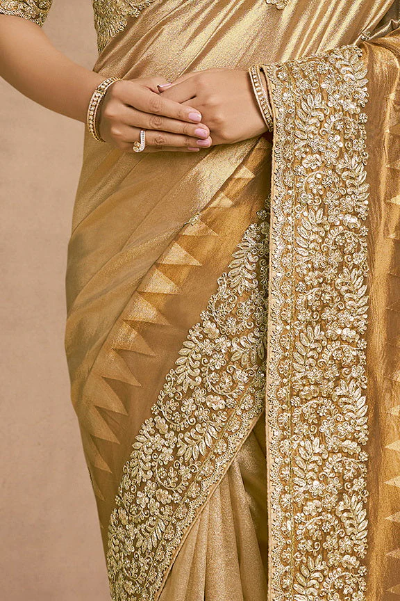 Light Golden Embellished Zari Kora Silk Saree - Image 4