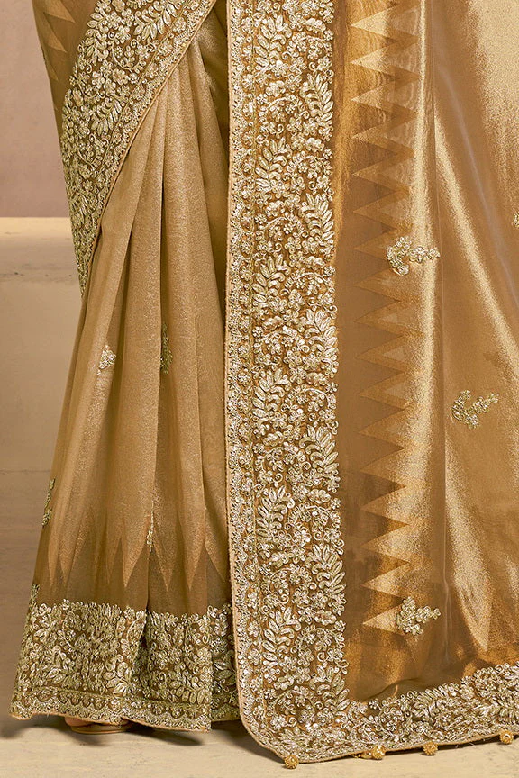 Light Golden Embellished Zari Kora Silk Saree - Image 5
